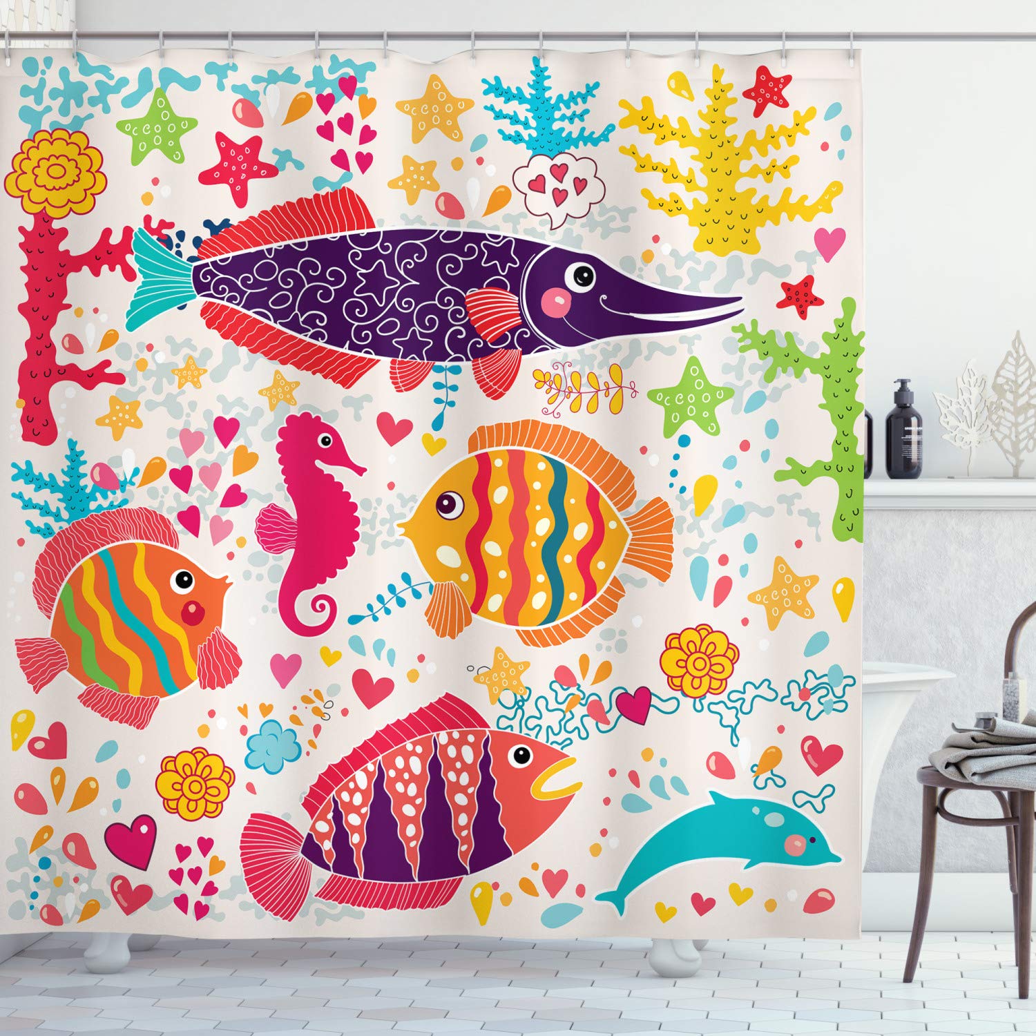 ABAKUHAUS Sea Animals Shower Curtain, Cartoon Art Fish Seahorse Starfish Dolphin Coral Underwater Life Kids, Cloth Fabric Bathroom Decor Set with