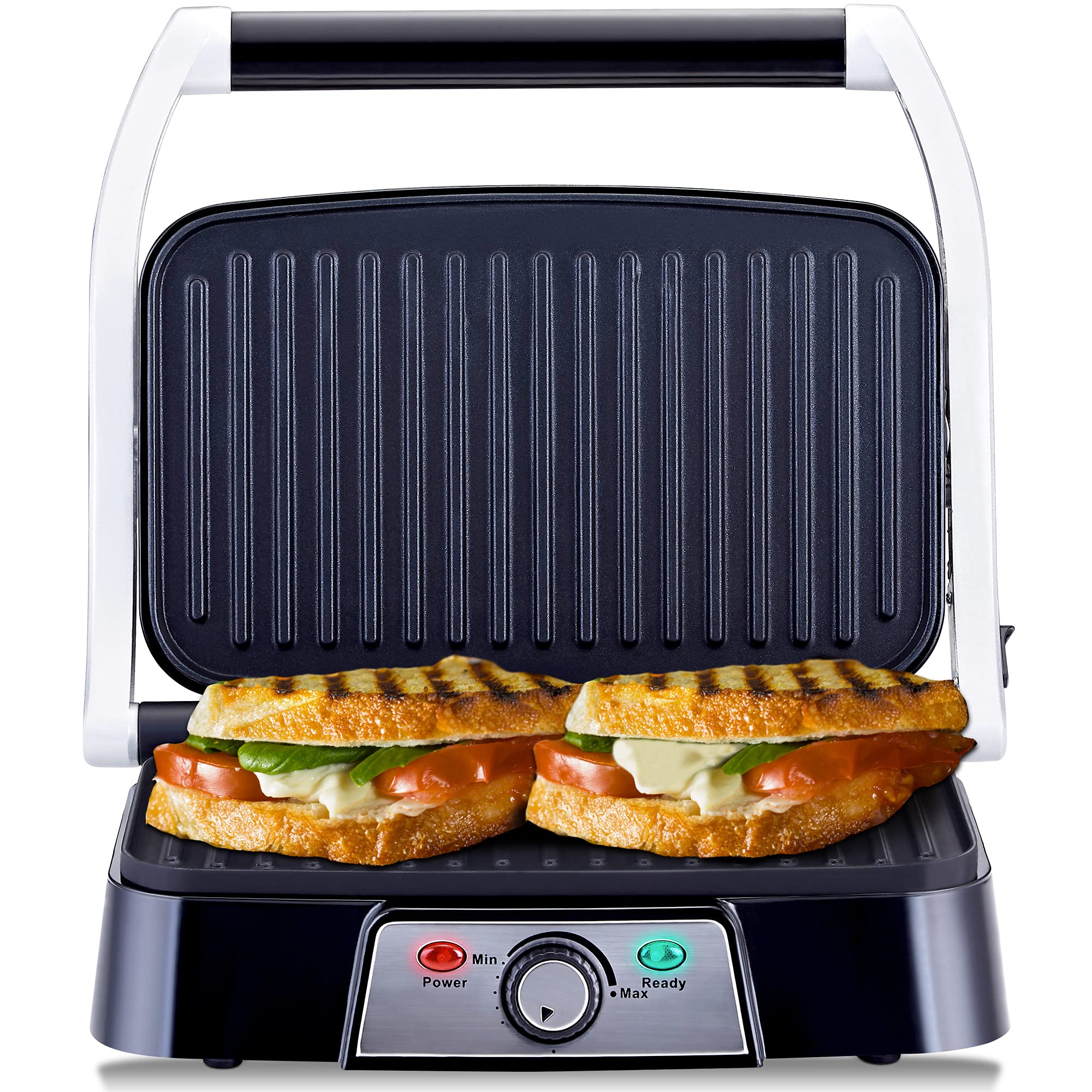 NETTA Panini Maker & Health Grill - Sandwich Toaster, Panini Press - 2 Slice Non-Stick Grill Plates  Built-In Fat Tray - 1500W - Stainless Steel