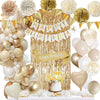 Birthday Decoration Gold, Beige Gold White Party Decoration Set with HAPPY BIRTHDAY Banner, Confetti Balloons, Tinsel Curtains, Sash, Pompoms