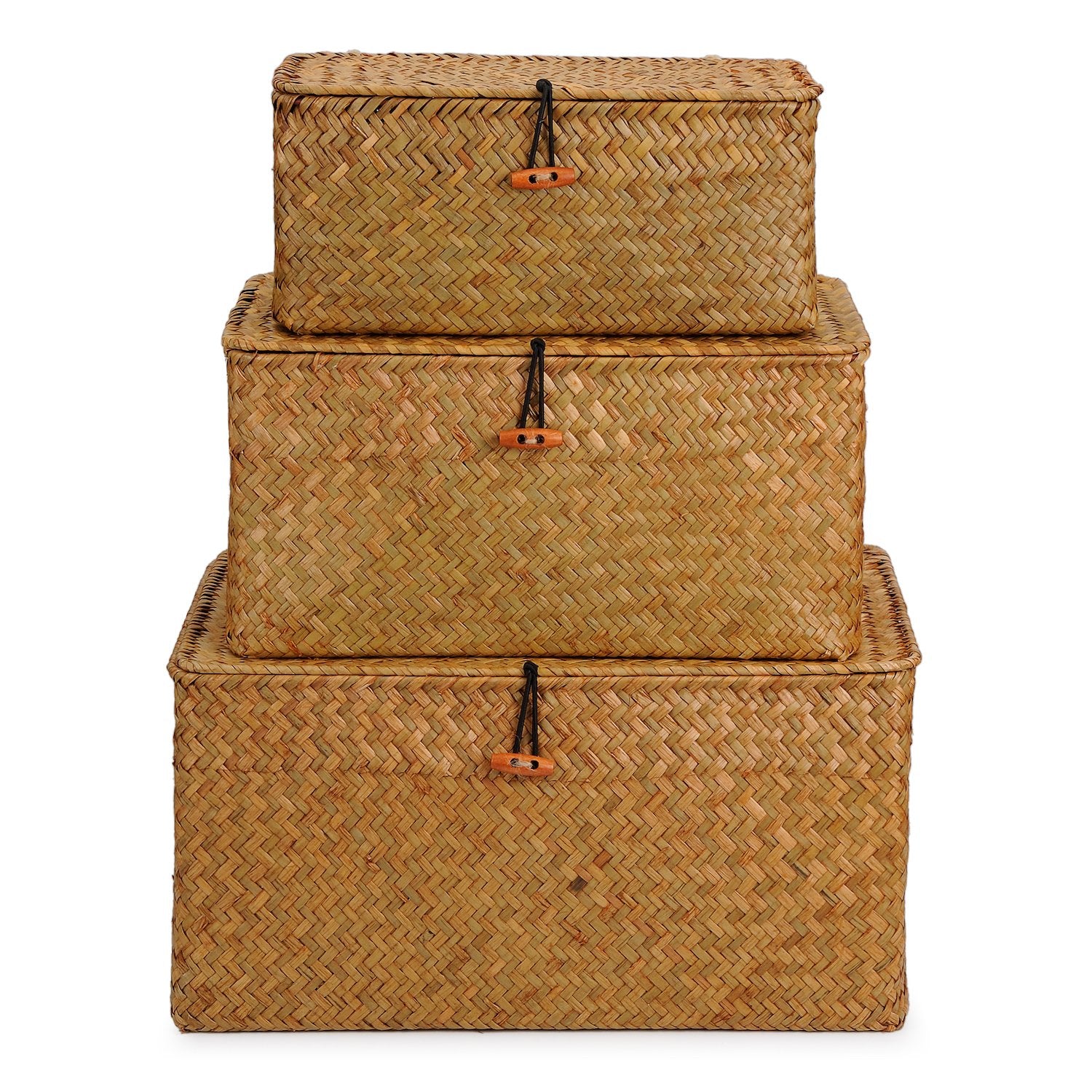 Seagrass Storage Baskets with Lid Natural Rattan Woven Rectangular Organizer Box Set of 3 (Large+Medium+Small)