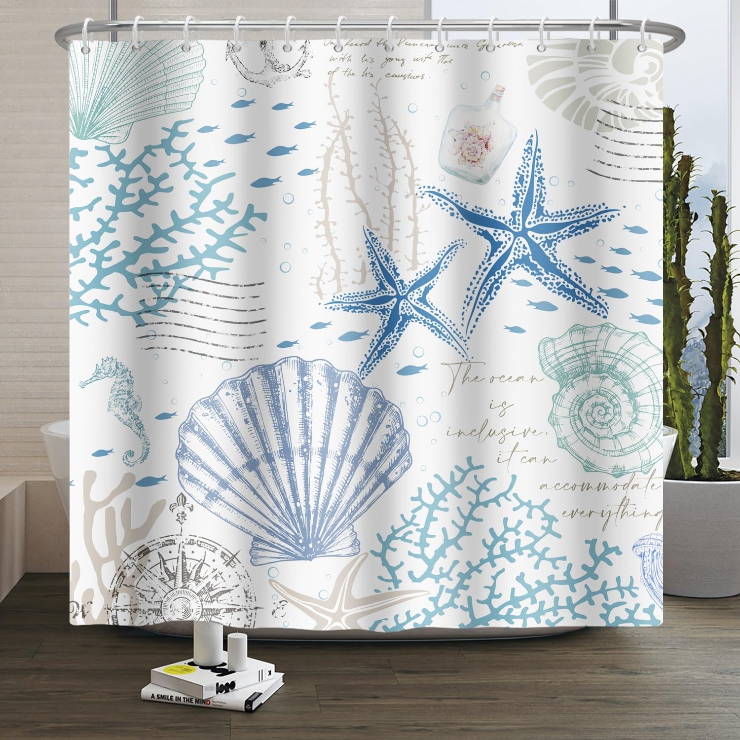 Xiaoterna Summer Marine Life White Shower Curtain Retro Nautical Coast Starfish Shell Coral Seahorse Waterproof Polyester Bathroom Curtain Underwater