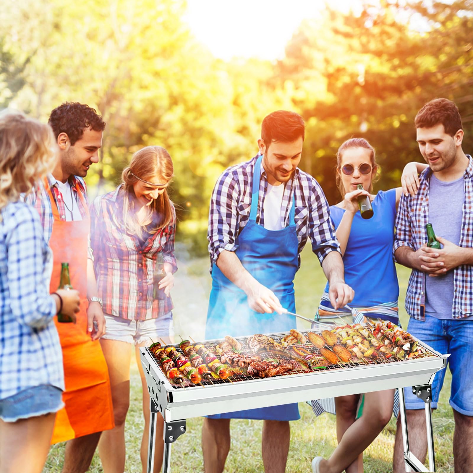 AGM Charcoal Barbecue Camping Grill - Portable Folding Grill for 5-10 People - Non-Slip Feet - 68 x 32 x 73 cm