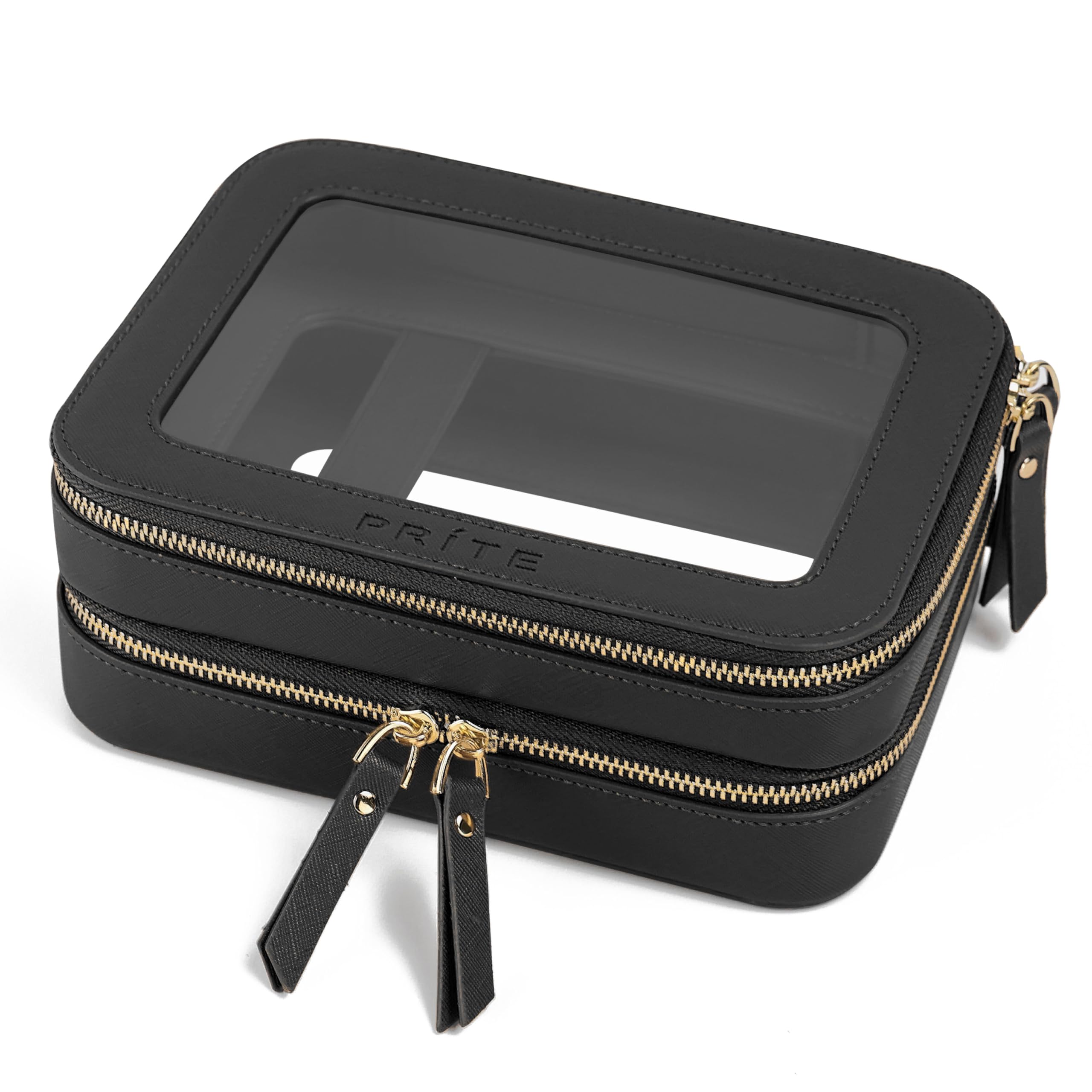 Prite Large Clear Makeup Bag with Gift Box Double Sided Cosmetic Case Two Layer Travel Toiletry Bag with Zippers and Compartment (Black)