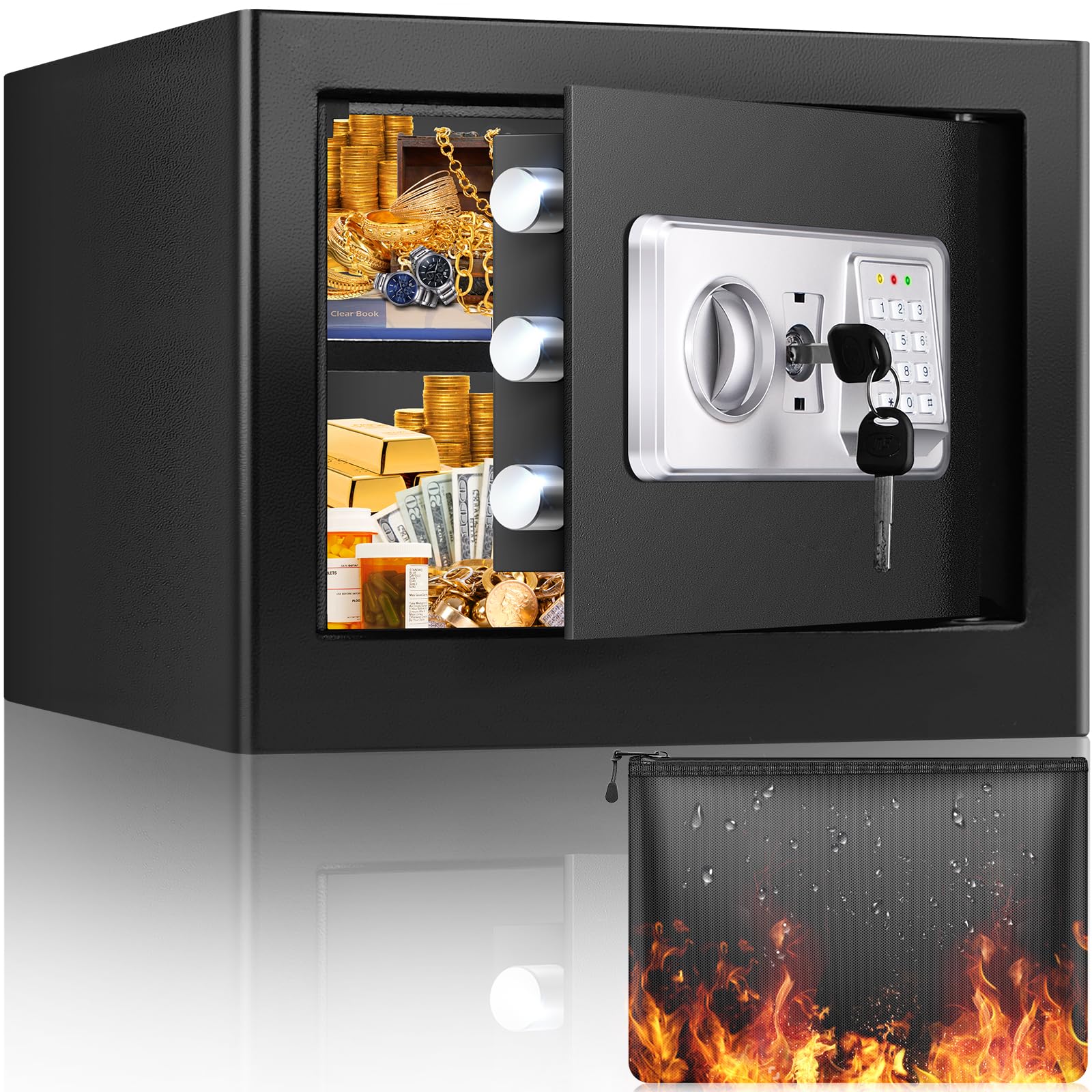 Mejasg Fireproof Safe for Home with Fireproof Money Bag and Removable Shelf, 22L Anti-Theft Small Home Safe Box with Alarm and Silent Mode, Digital