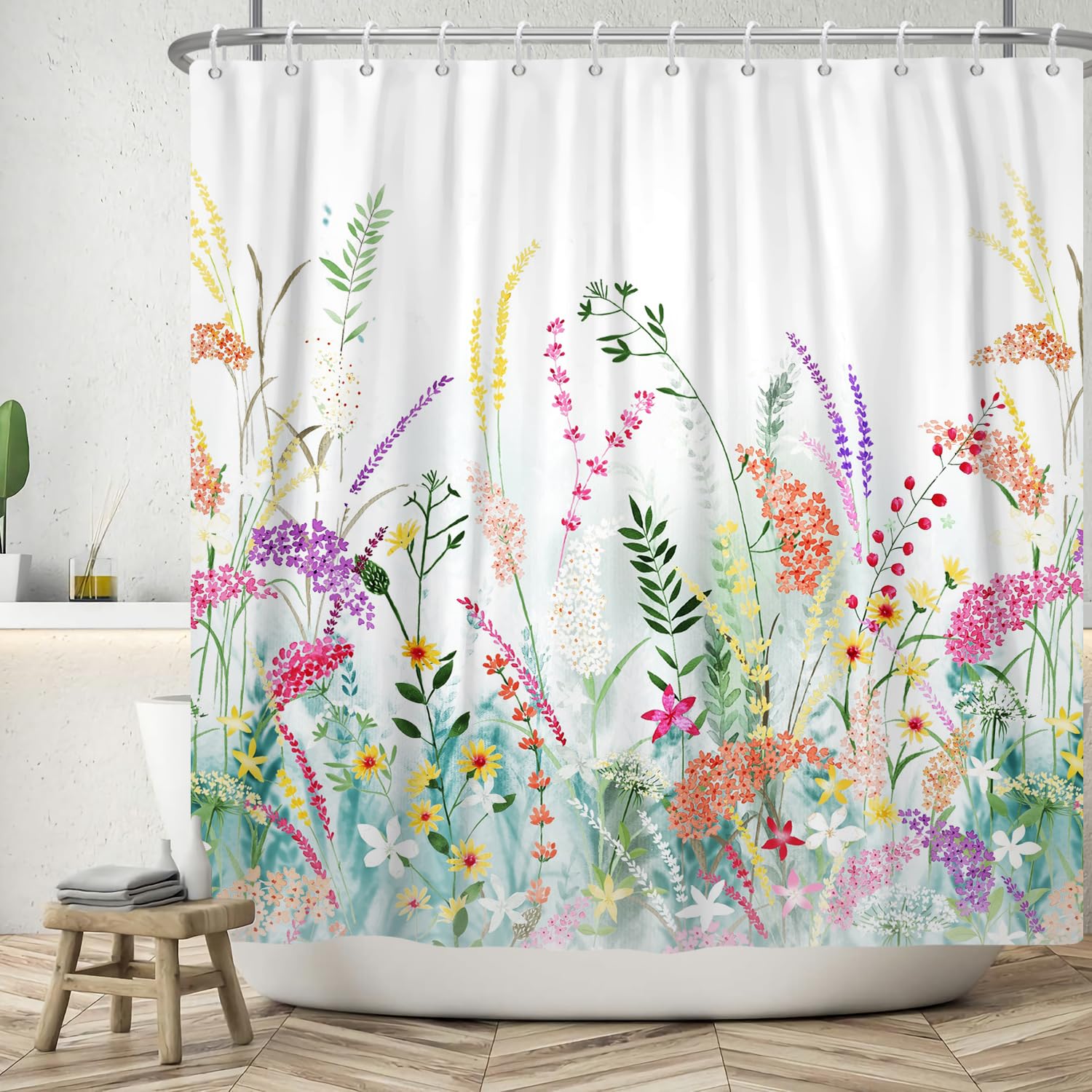 ASDCXZ Flower Shower Curtain 180x200 cm, Spring Red Yellow Purple Colorful Flowers Green Leaves White Bath Washable Shower Curtains Polyester Textile