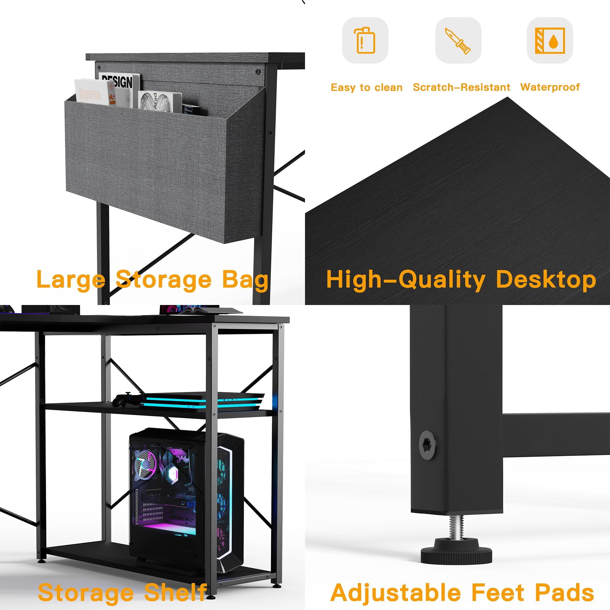 BEXEVUE L Shaped Gaming Desk, 120x70 cm Computer Desk with Storage Bag, Office Desk Small Writing Table with Large Reversible Storage Shelves,
