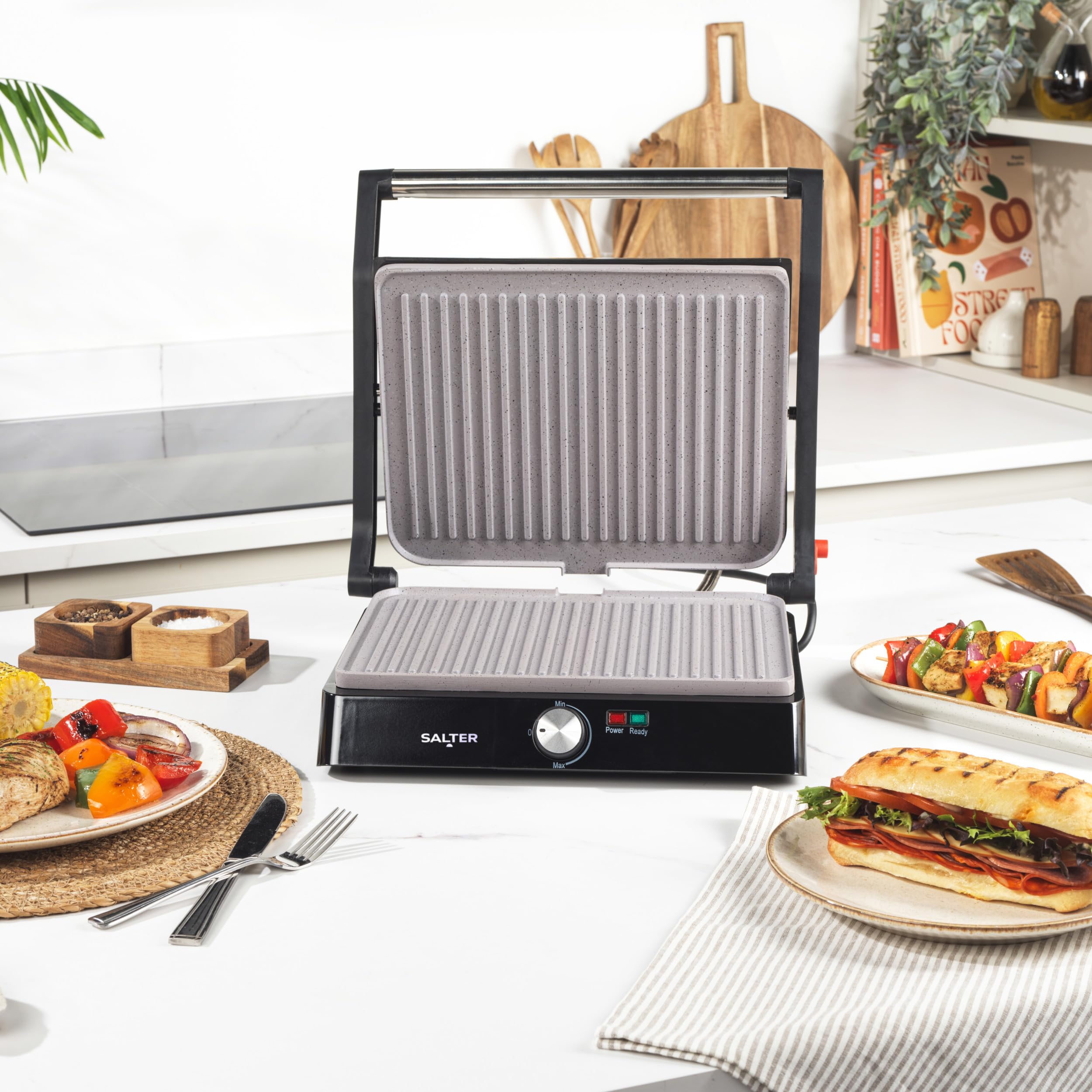 Salter Marblestone Health Grill  Electric Fold-Out Grill & Panini Maker, Non-Stick XL Plates 29 x 23cm, Opens Flat To 180, Adjustable Temperature