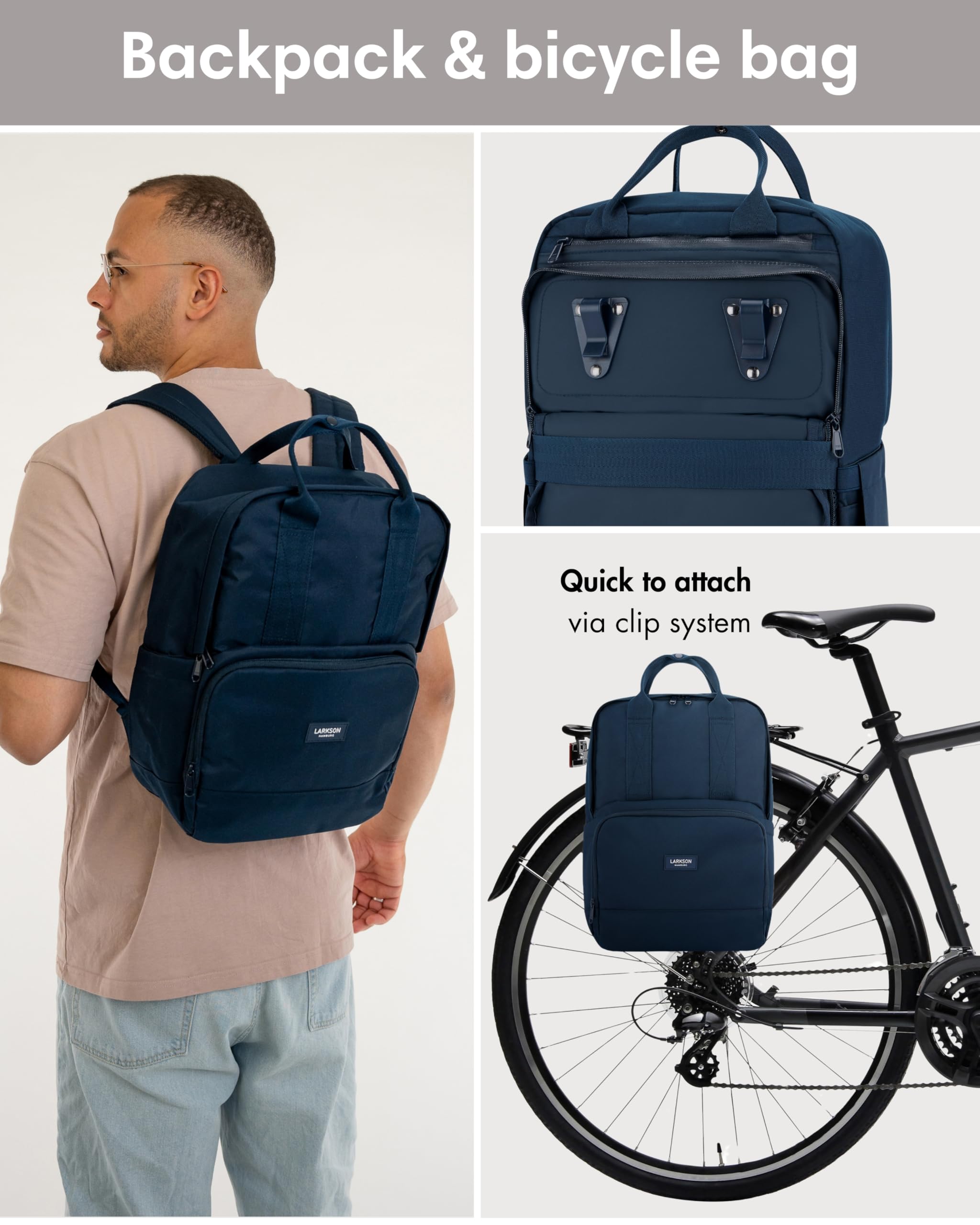 LARKSON Bike Pannier Bag for Bicycles Blue - No 6 Bike - 2 in 1 Cycling Backpack & Rear Rack Bag - Cycle Rucksack - Water-Repellent