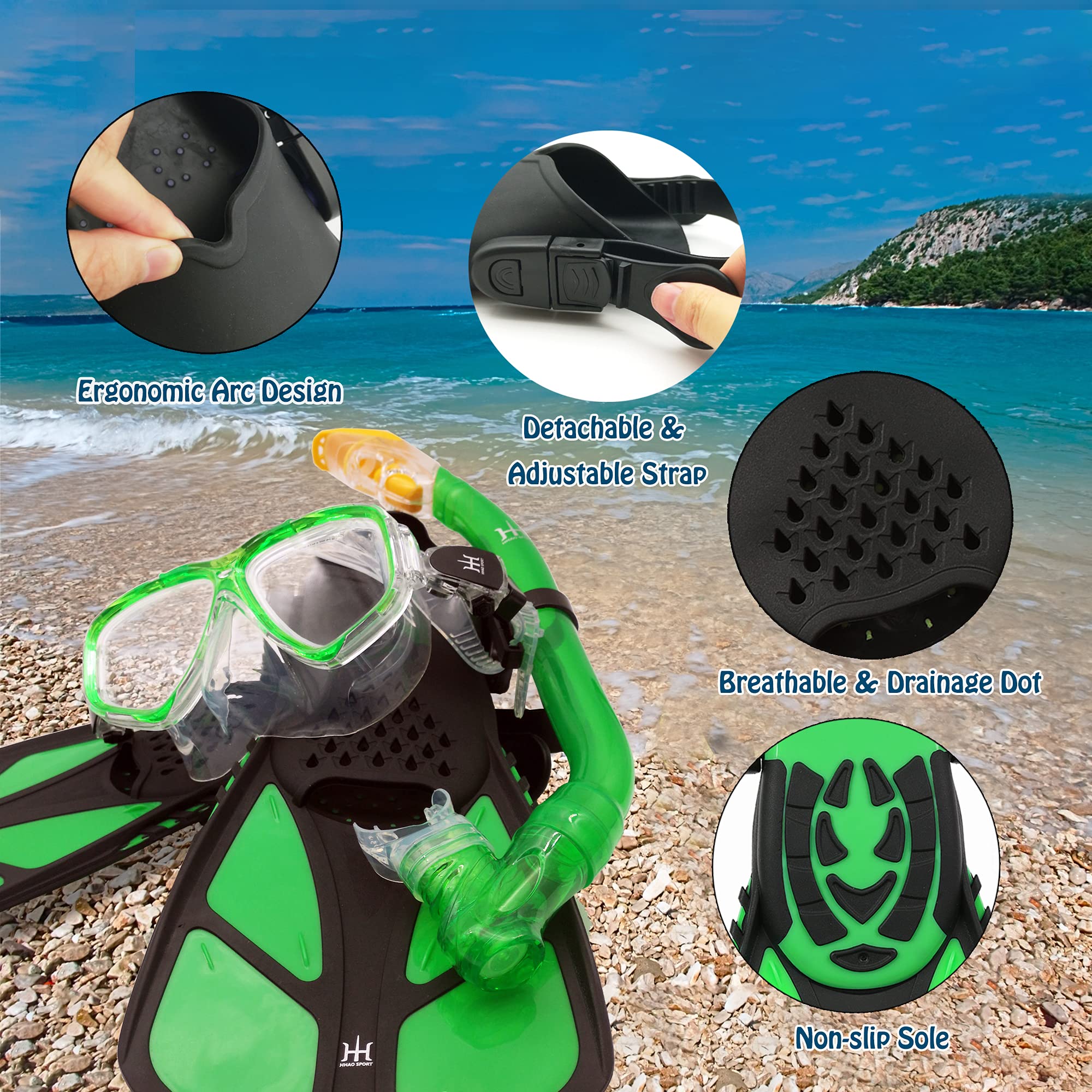 Kids Snorkeling Set with Fins Anti Leak Snorkeling Gear for Kids with Adjustable Flippers, Youth Junior Full Dry Snorkel Set Swimming Goggles with