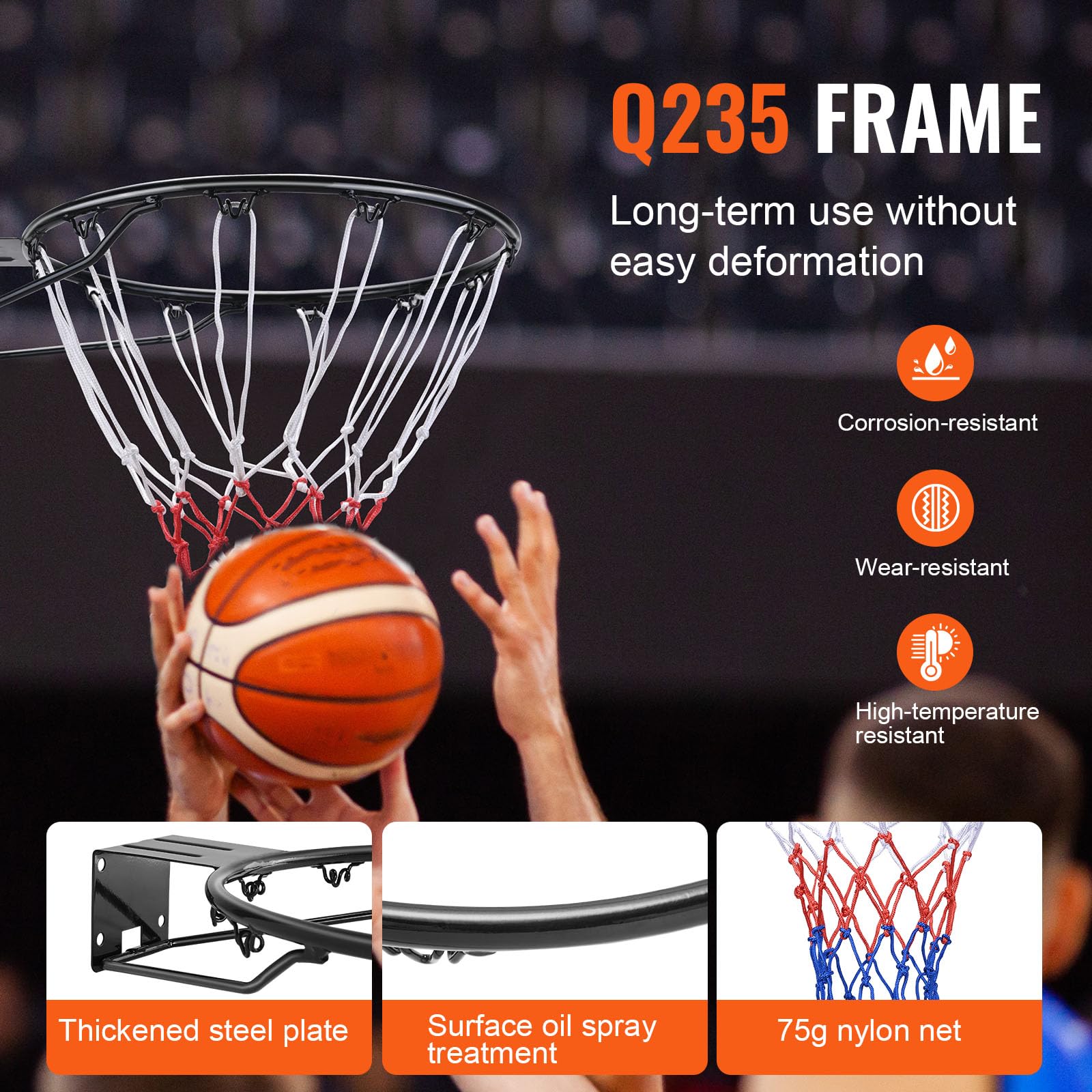 VEVOR Basketball Rim, Wall Door Mounted Basketball Hoop, Heavy Duty Q235 Basketball Flex Rim Goal Replacement with Net and Double Spring, Standard 18"