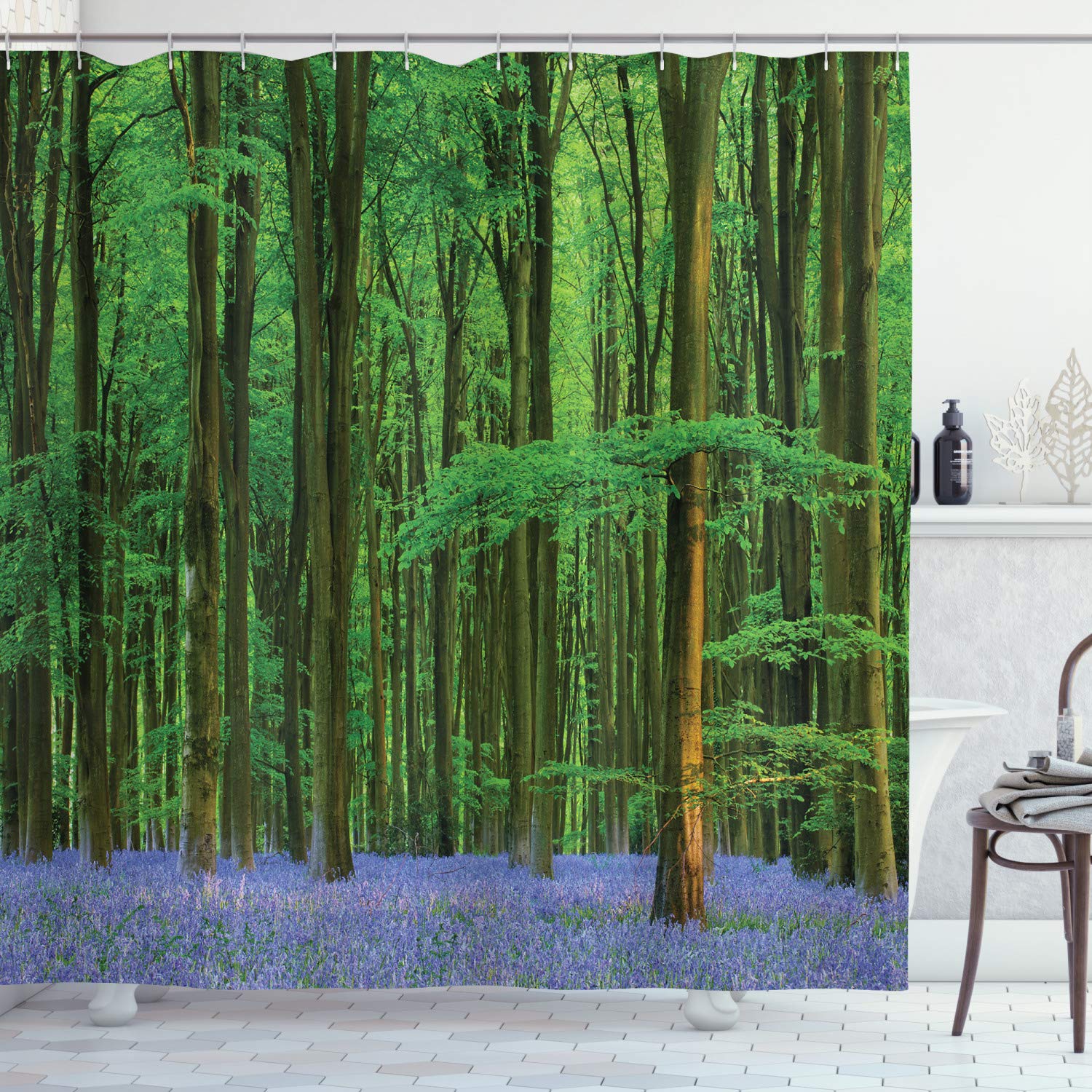 ABAKUHAUS Woodland Shower Curtain, Spring Sunshine in a Bluebell Wood Summer Dream Holiday Getaway Destination, Cloth Fabric Bathroom Decor Set with