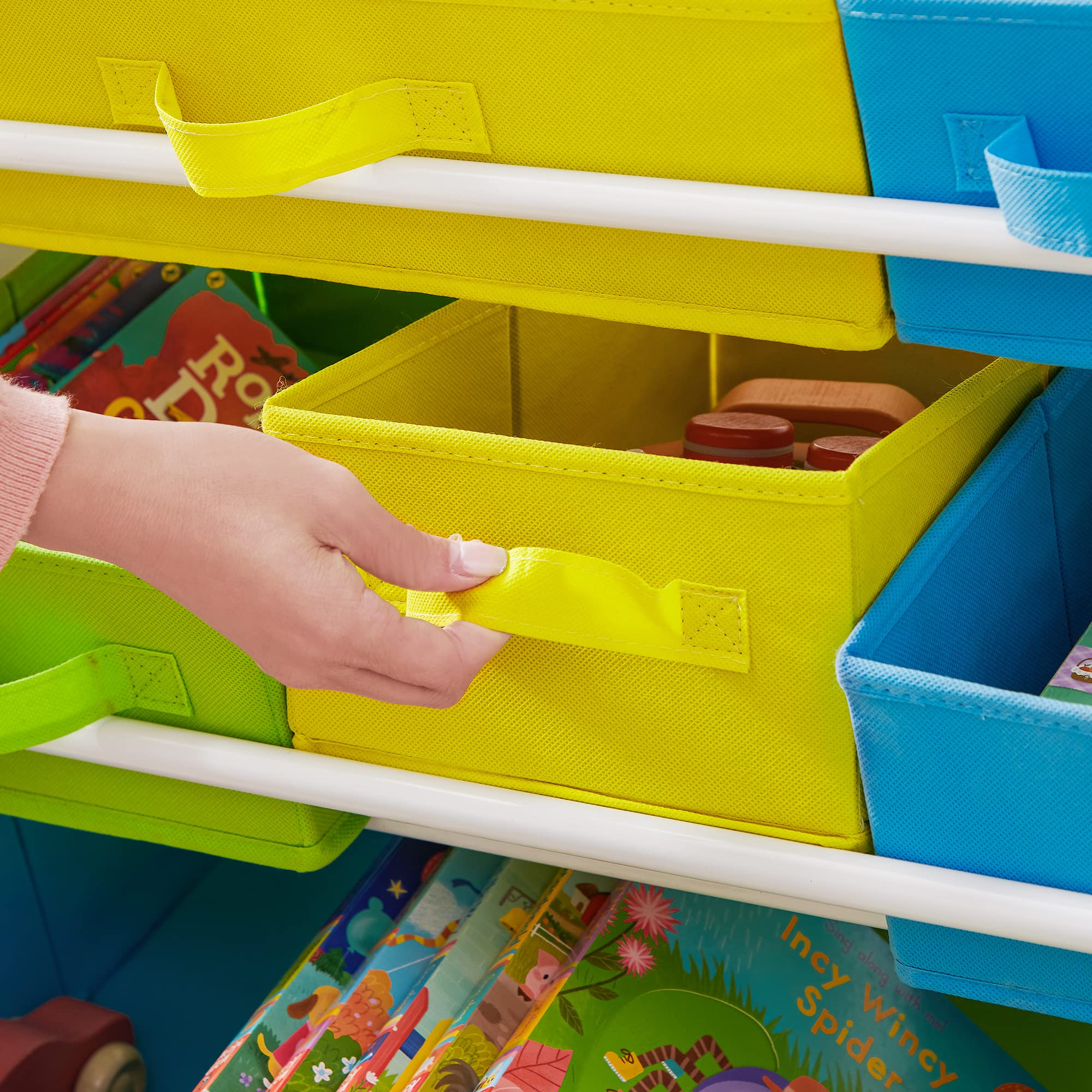 SONGMICS Toy Organiser with 9 Removable Non-Woven Fabric Bins, Kids Storage Unit and Bookshelf for Nursery Playroom, Wooden Frame with Shelf, White