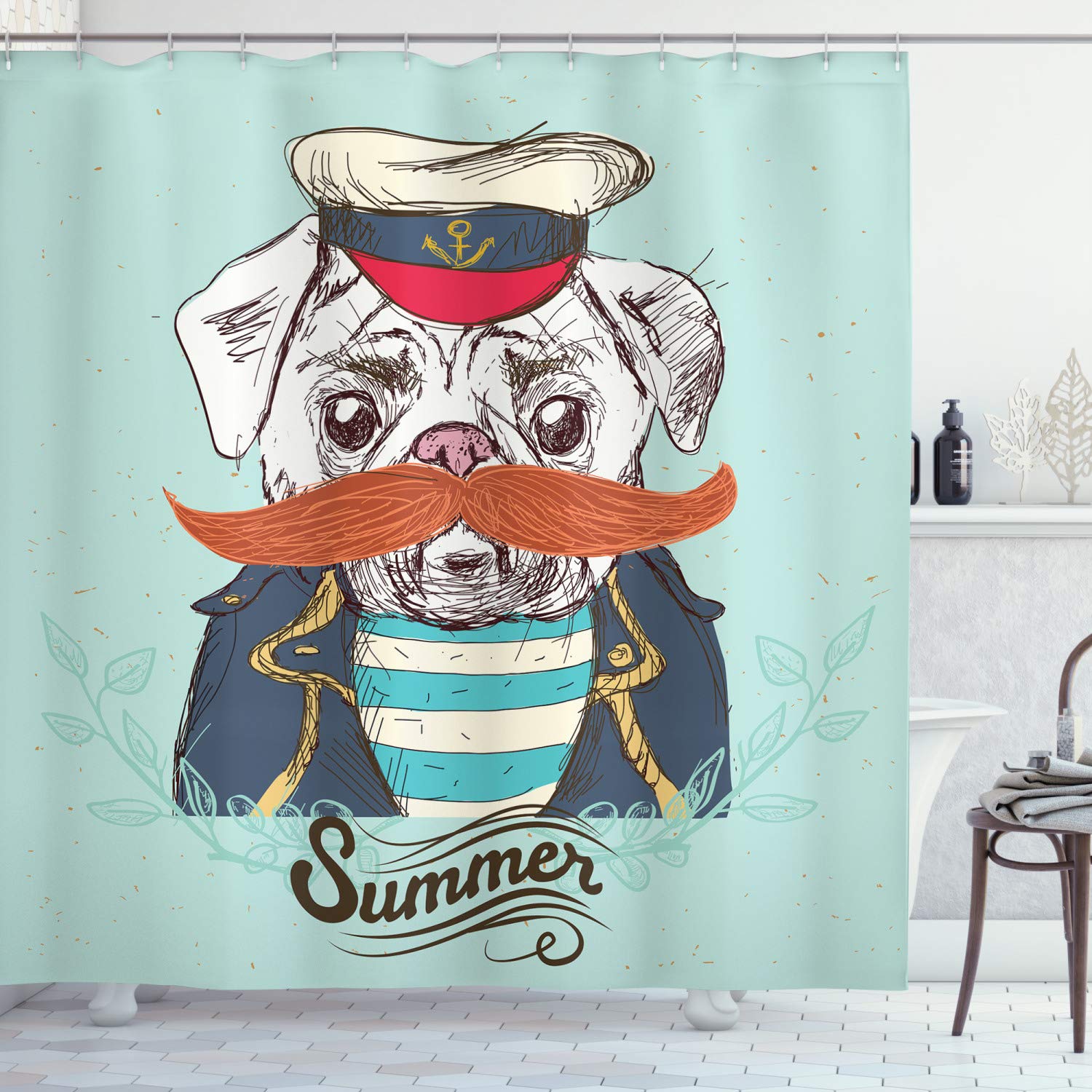ABAKUHAUS Pug Shower Curtain, Captain Dog with Hat Mustache Jacket and Shirt Animal Funny Image, Cloth Fabric Bathroom Decor Set with Hooks, 175 x 200