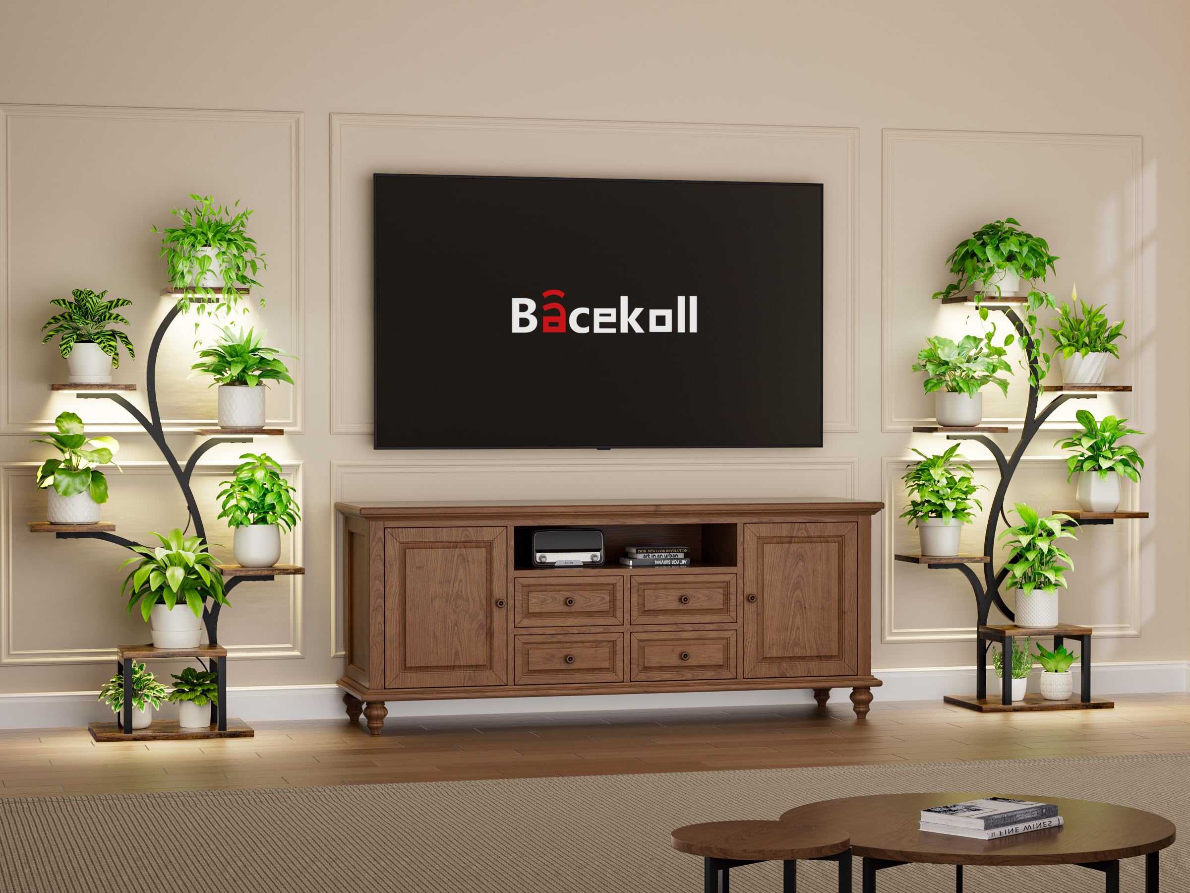 BACEKOLL Plant Stand With Grow Lights, 7 Tiered Indoor Plant Shelf, 49" Corner Plant Stands, Metal Flower Display Shelves, Tree-Shaped Plant Rack for