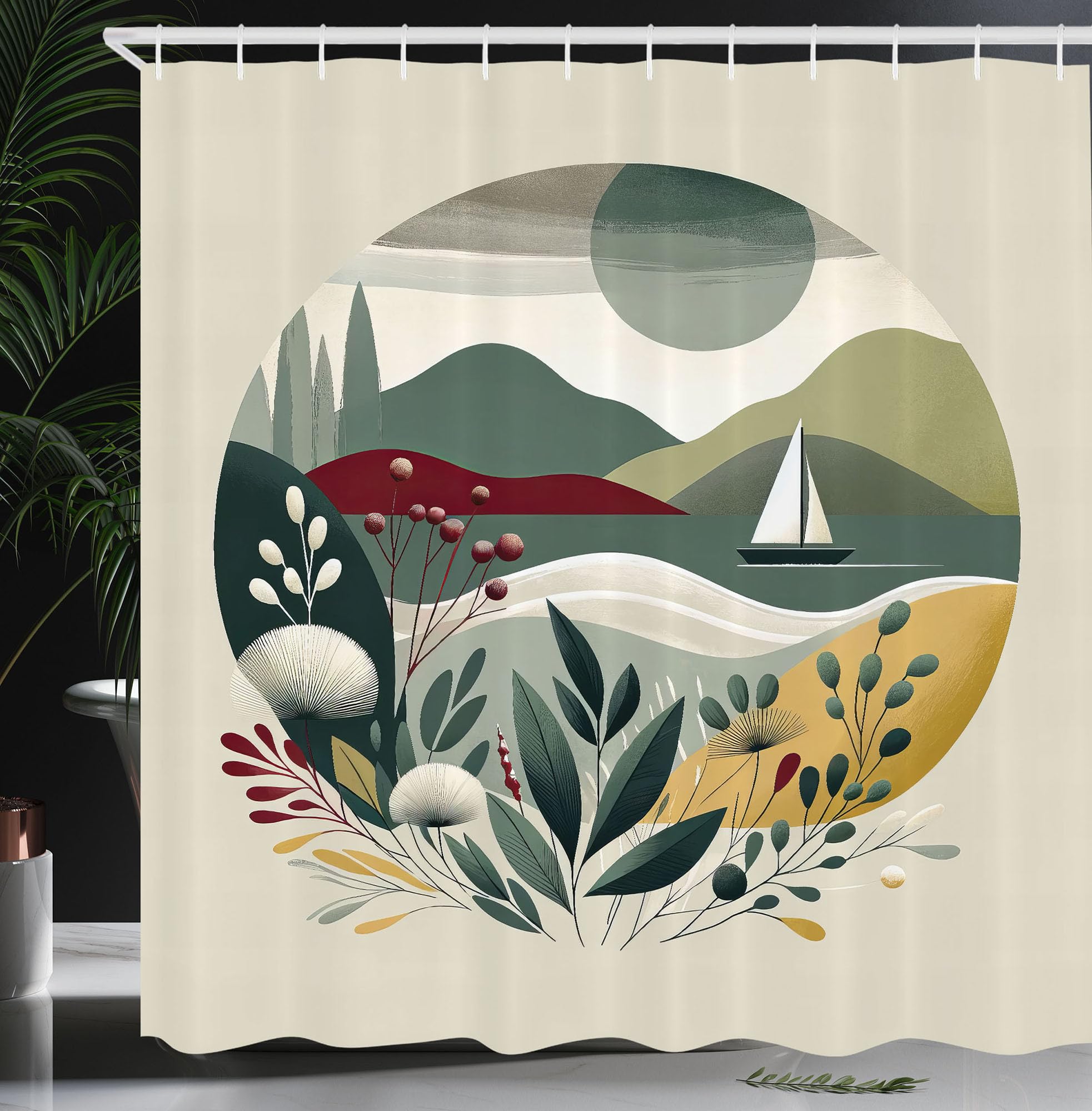 ABAKUHAUS Nautical Shower Curtain, Modern Boho Botanical Sea, Cloth Fabric Bathroom Decor Set with Hooks, 175 x 200 cm, Sage Green