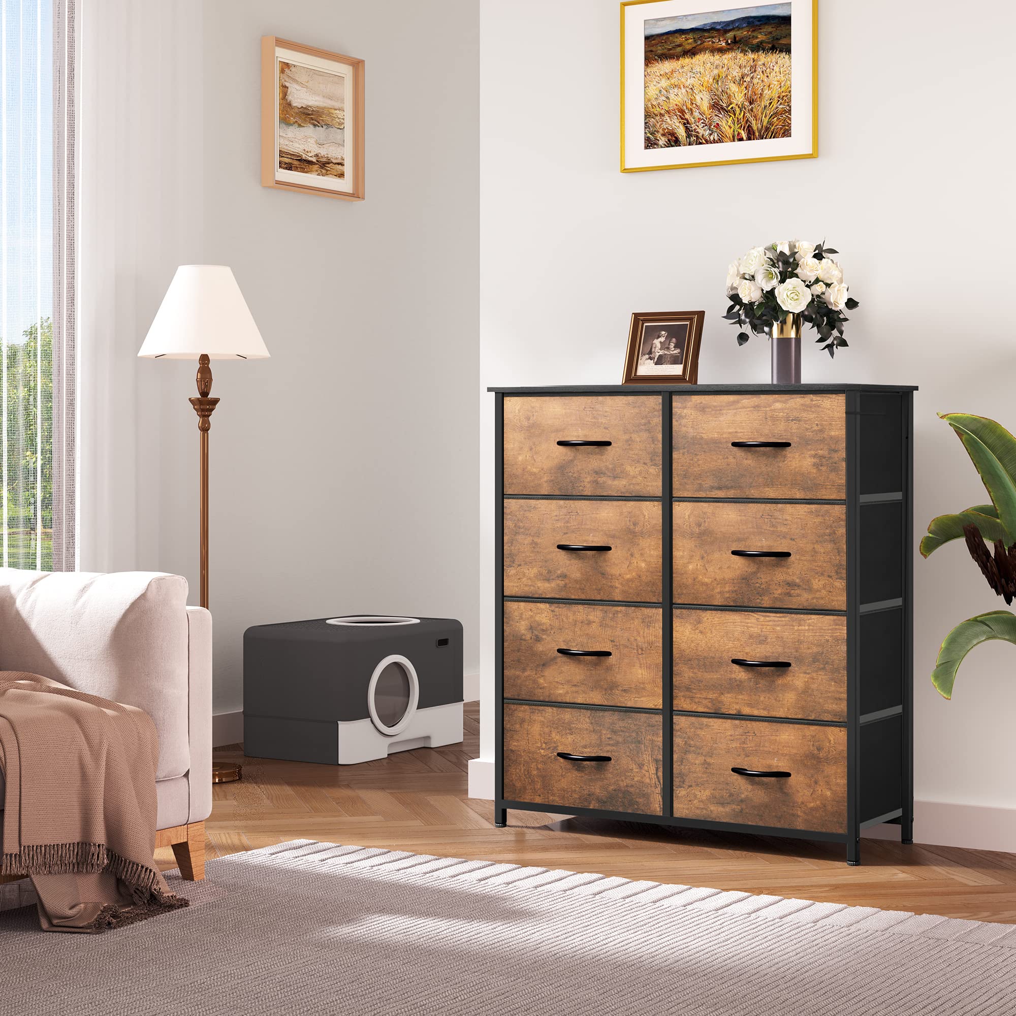YITAHOME Chest of Drawer with 8 Drawers for Bedroom Fabric Dresser Storage Drawers With Handles Metal Frame for Living Room, Hallway,Rustic Brown