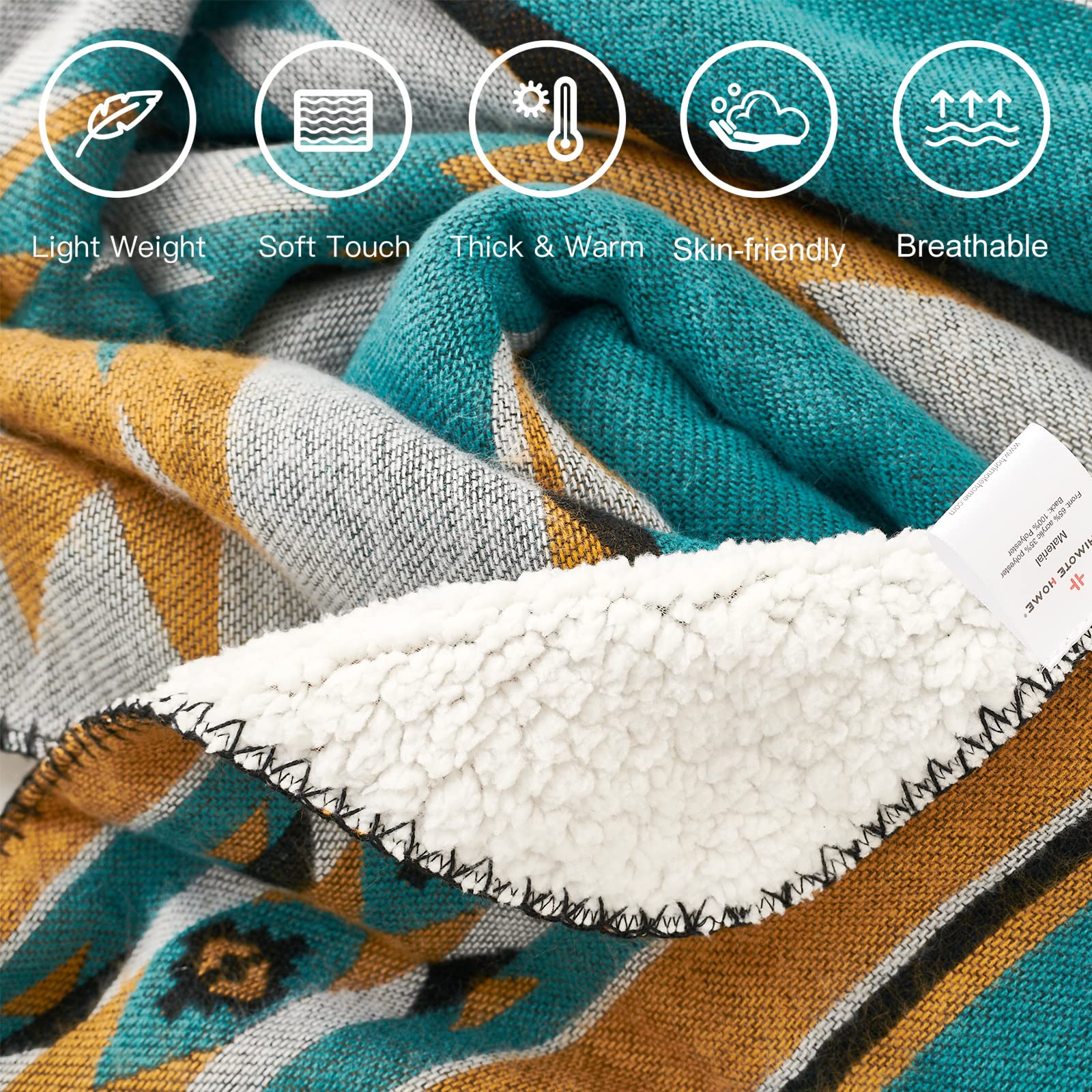 HORIMOTE HOME Aztec Patterned Soft Sherpa Throw Blanket Southwestern Navajo Tribal Style Warm Throw for Camping, Outdoor, Lightweight Boho Blanket for