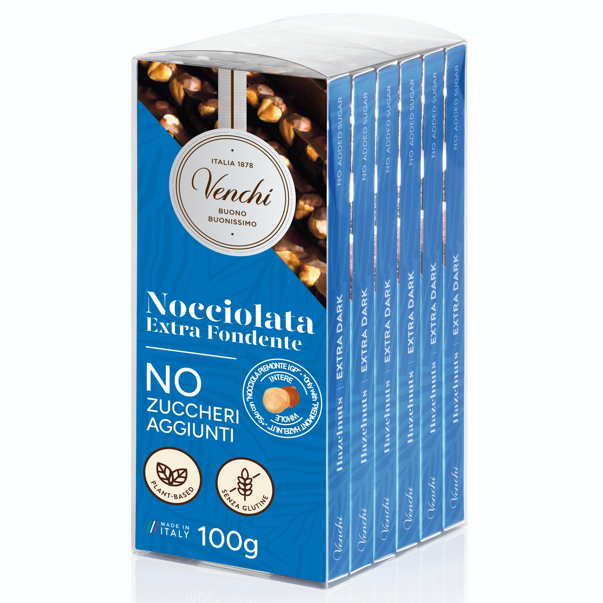 Venchi - Set of 6 Extra Dark Hazelnut Bars, 600 g - NO Added Sugar - NO Artificial Sweeteners - Gluten Free - Vegan - Great Gift Idea