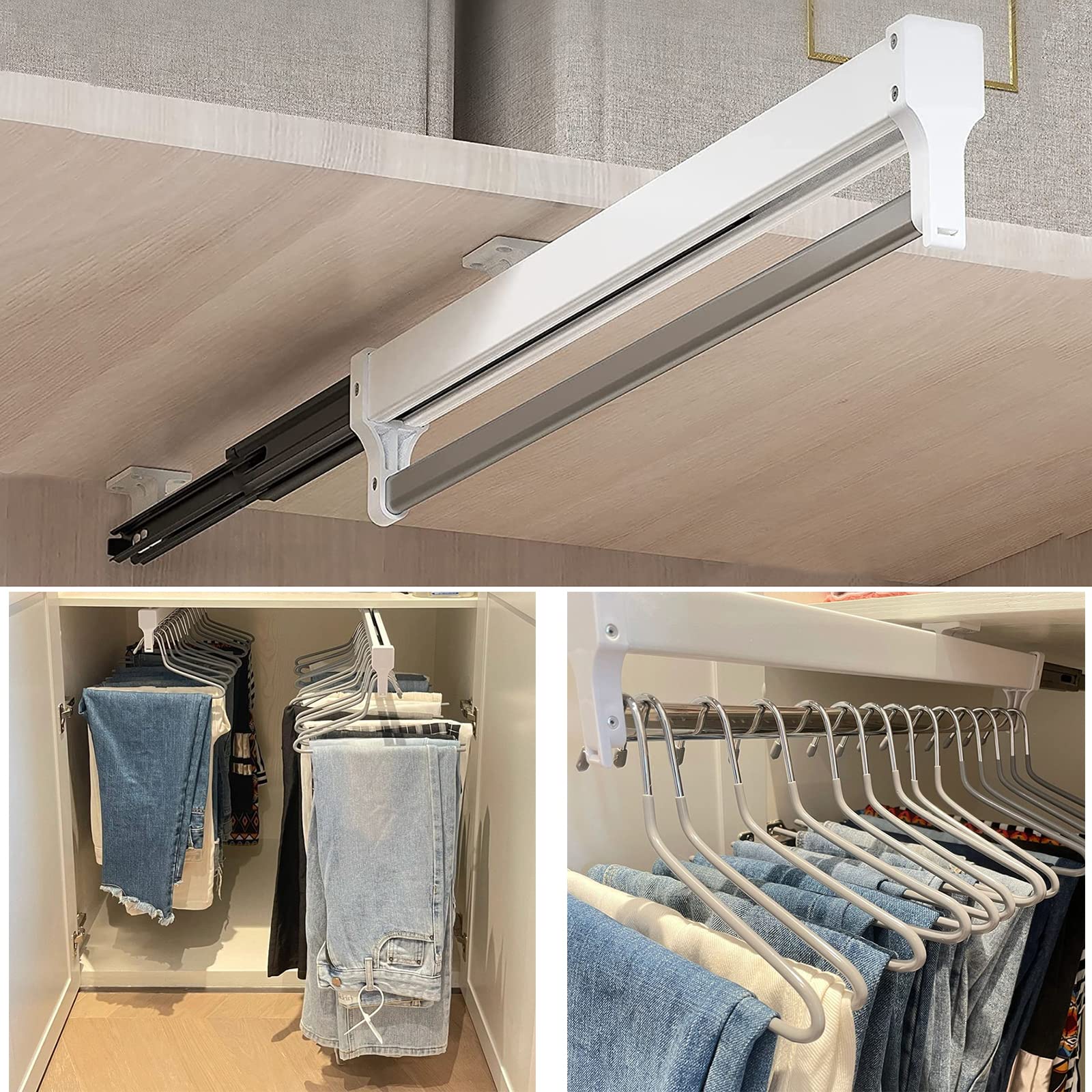 Pull Out Clothes Rail, Adjustable Pull Out Hanger Rail Rod for Wardrobe Trousers Clothing Storage, Space Saving, Load 25kg (White 397mm)