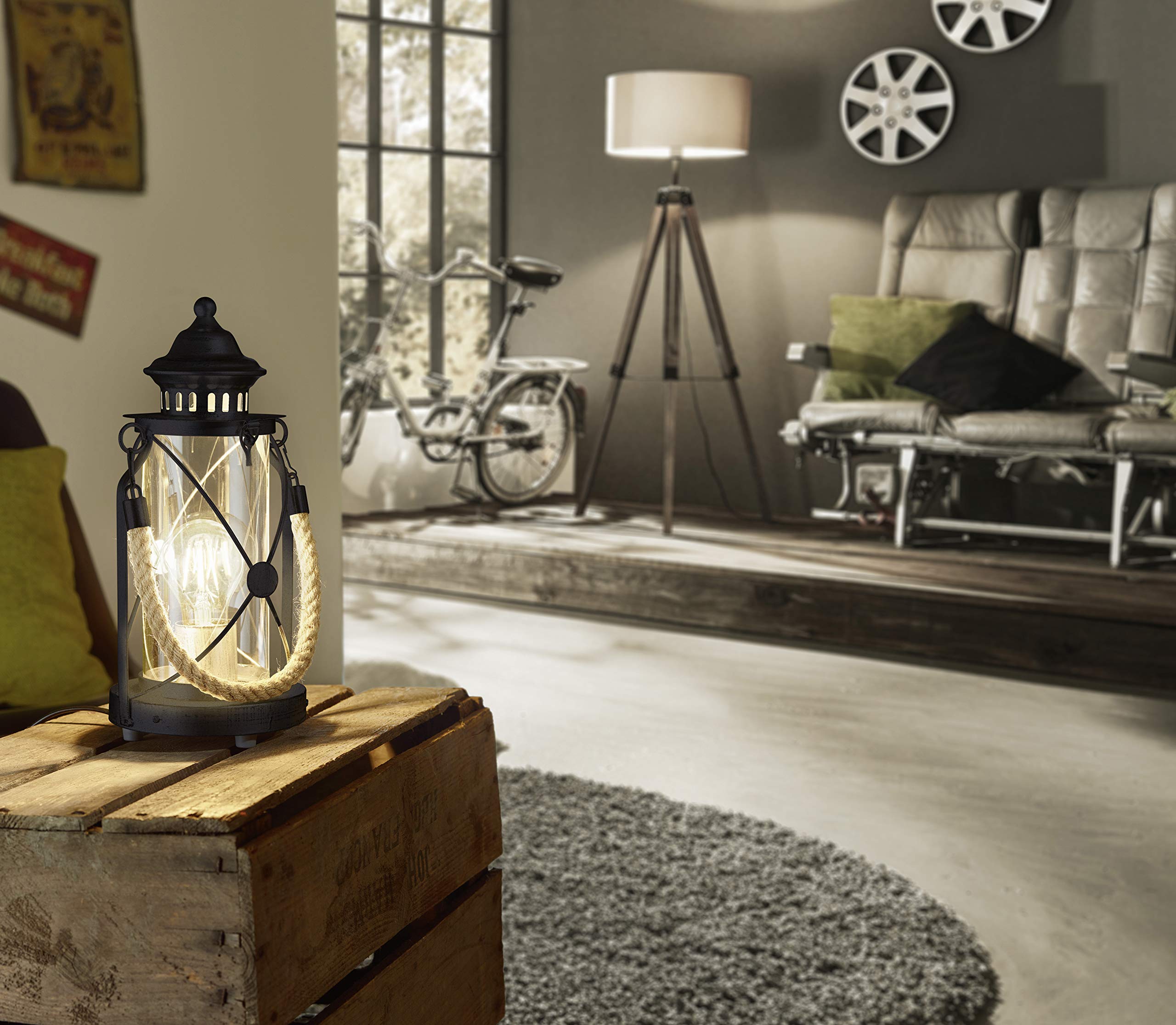 Eglo Bradford Table lamp, 1-Flame Vintage Table Light, Lantern, Bedside lamp Made of Steel, Colour: Black, Glass: Clear, Socket: E27, incl. Switch