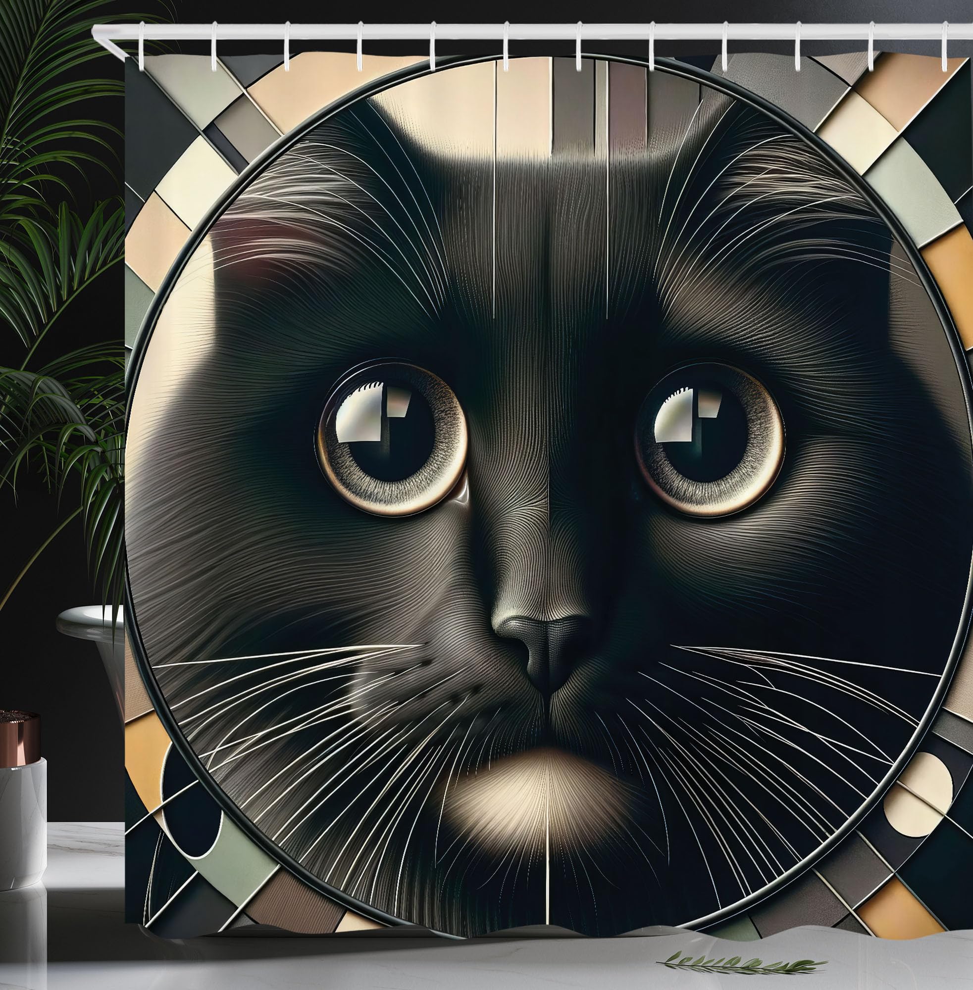 ABAKUHAUS Cat Shower Curtain, Closeup Circle of a Black Kitty, Cloth Fabric Bathroom Decor Set with Hooks, 175 x 200 cm, Pale Pink ?vory