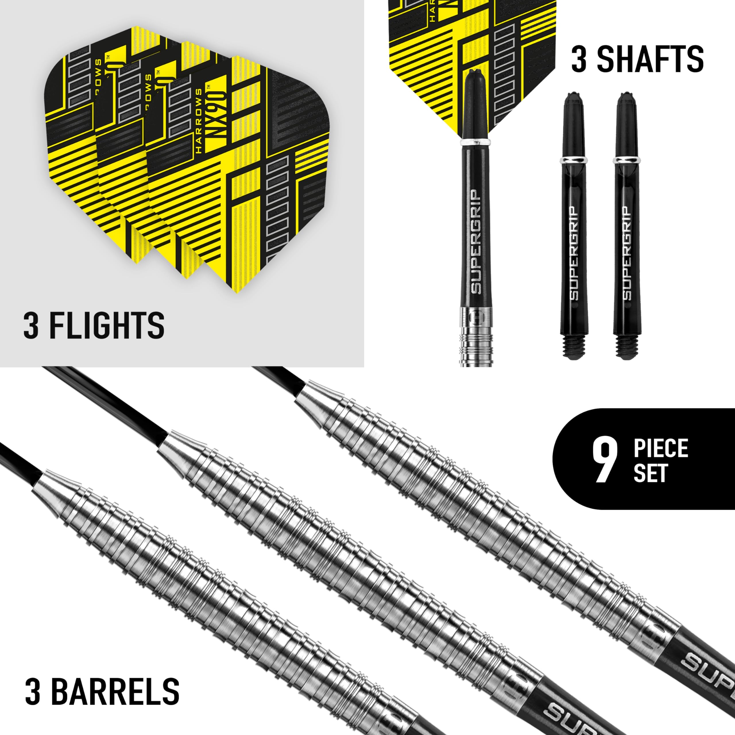Harrows NX90 90% Tungsten Steel Tip Darts Set 21g, 22g, 23g, 24g, 25g & 26g - Includes Black Supergrip Midi Shafts & Micron NX90 Flights (25g)