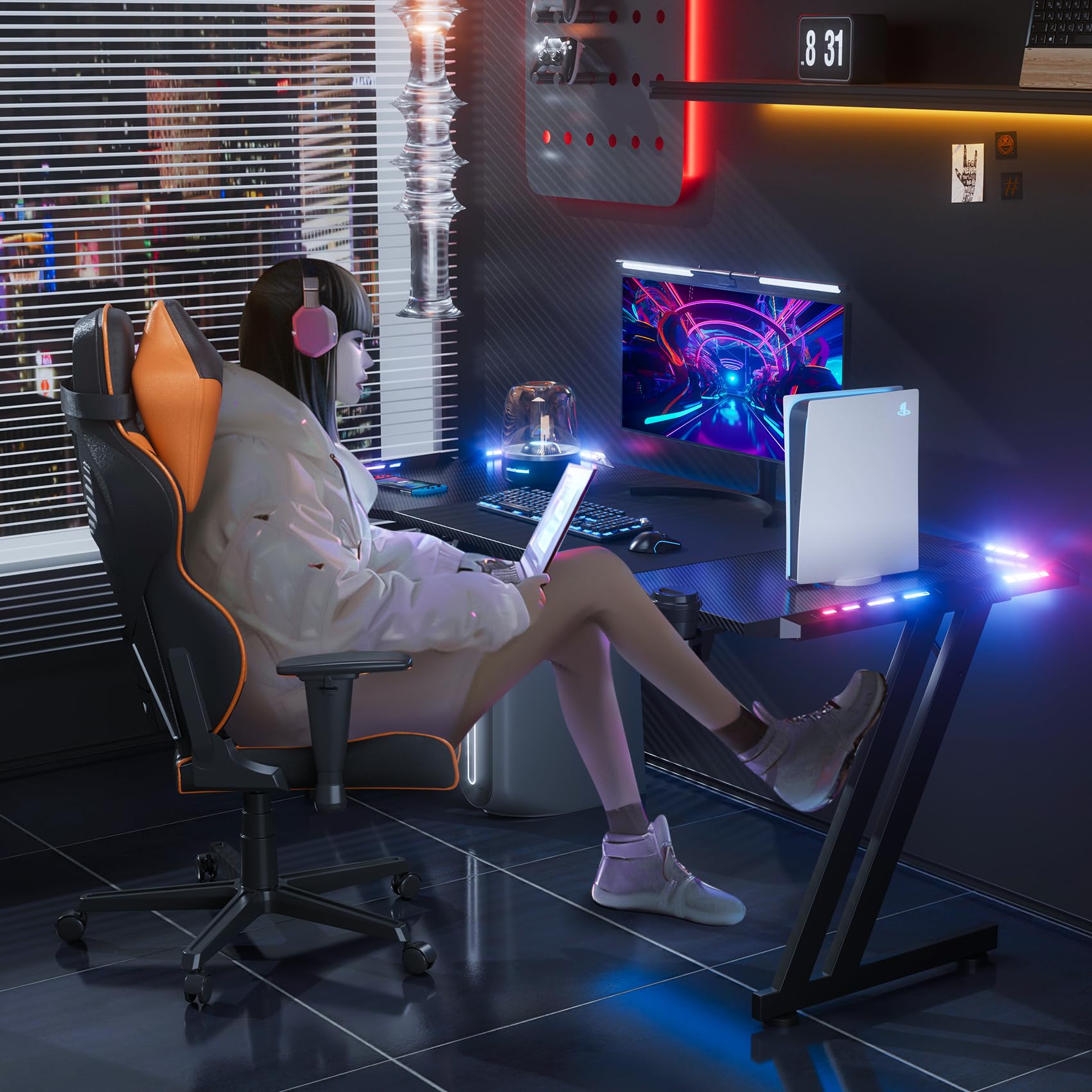 DLONGONE 120 x 60cm RGB Gaming Desk, Large Gaming Table for Laptop, Home Office Desk with Carbon Fiber Coated, Gaming PC Desk with Headphone Hook and
