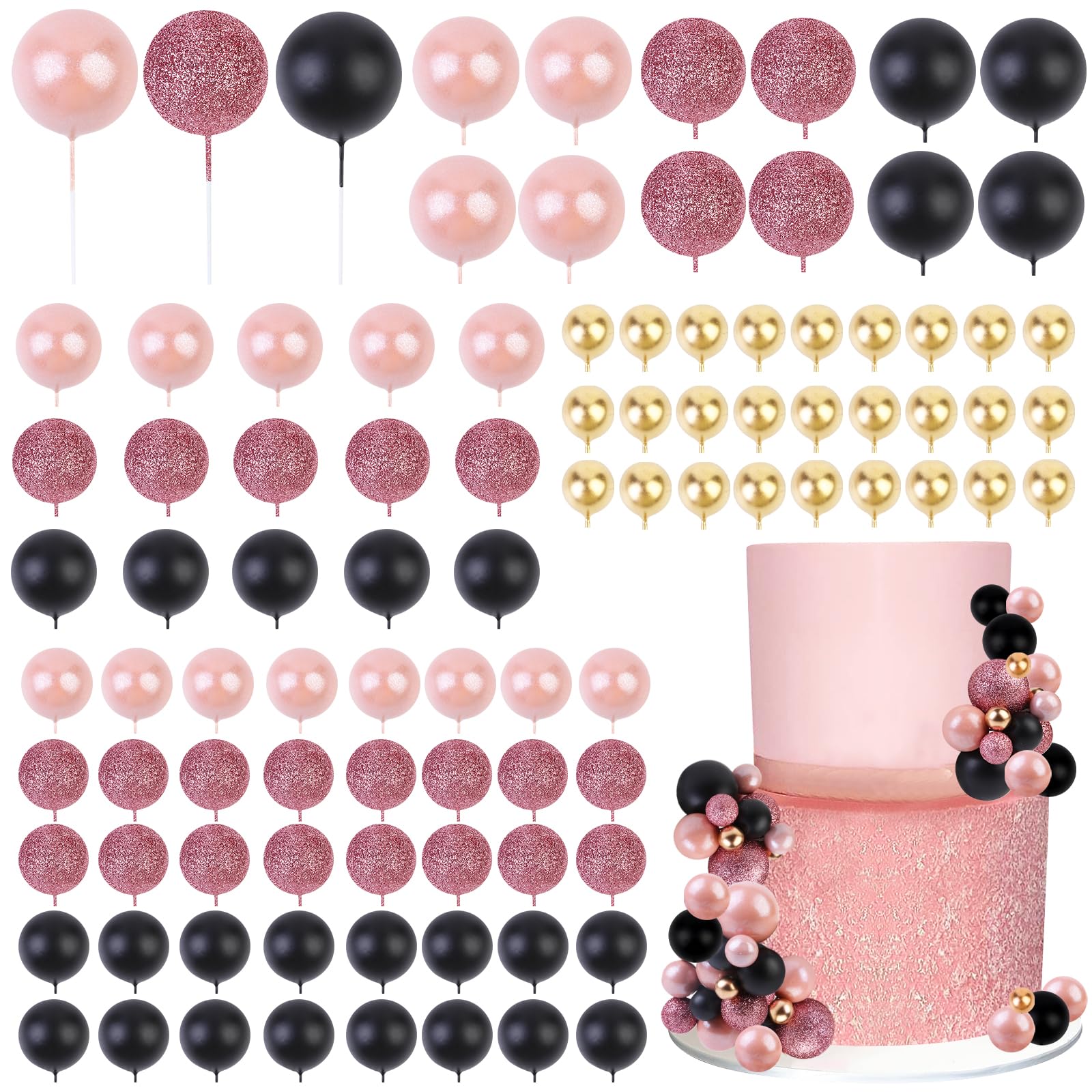 CORNER LACE 101 Pcs Ball Cake Decorations - Rose Gold Sequin Black Ball Dessert Picks Cake Cupcake Toppers, Birthday Party Baby Shower Gender Reveal