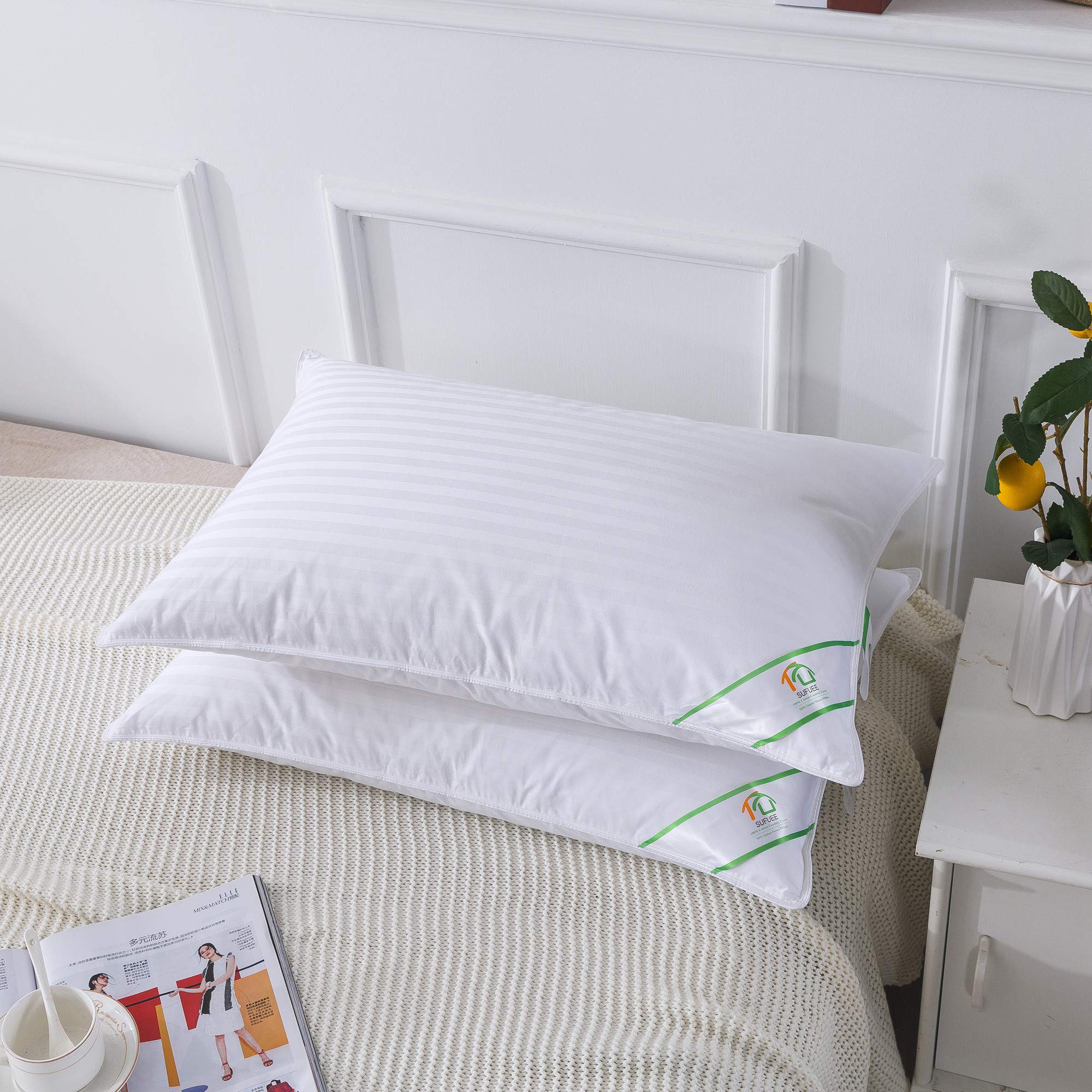 SUFUEE Luxury Goose Feather and Down Pillow Pair with 100% Cotton Cover (Standard(50% Down))