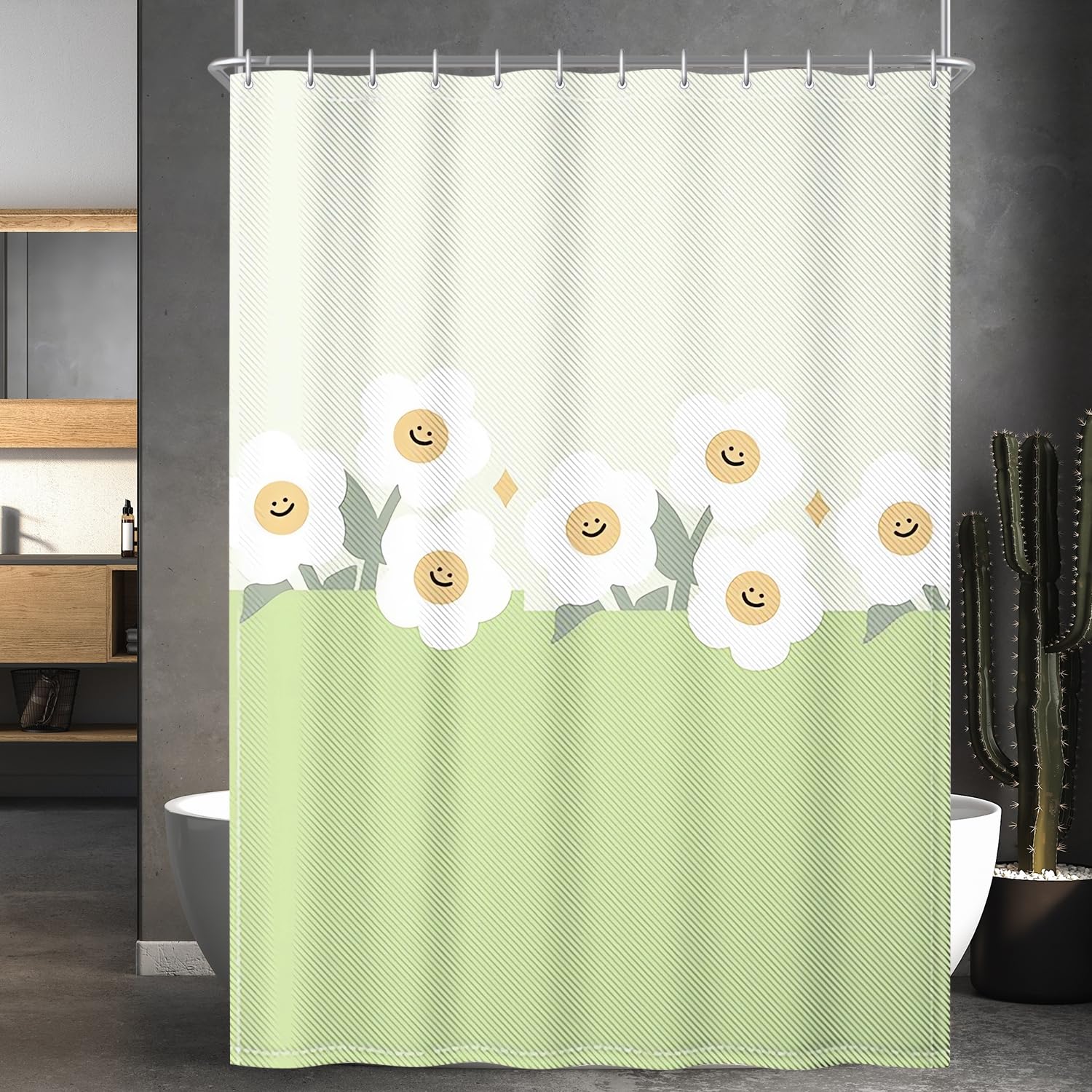 Lerores Shower Curtain, 180 x 200 cm, Green Smile, Weighted Hem, Anti-Mould, Water-Repellent, Washable Polyester Bath Curtains with 12 Eyelets and
