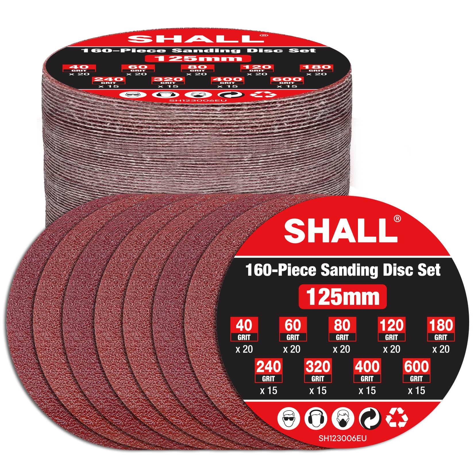 SHALL 160pcs 125mm Sanding Discs, (Hook and Loop 40/60/80/120/180/240/320/400/600 Mixed Grit), 8 Hole 5 Inch Round Sanding Discs Pads,for Orbit