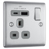 BG Electrical 18W Single Switched Power Plug Wall Socket with Type A USB and Type C USB Charging Ports, Fast Charge, Round Edges, Nexus Metal, Brushed