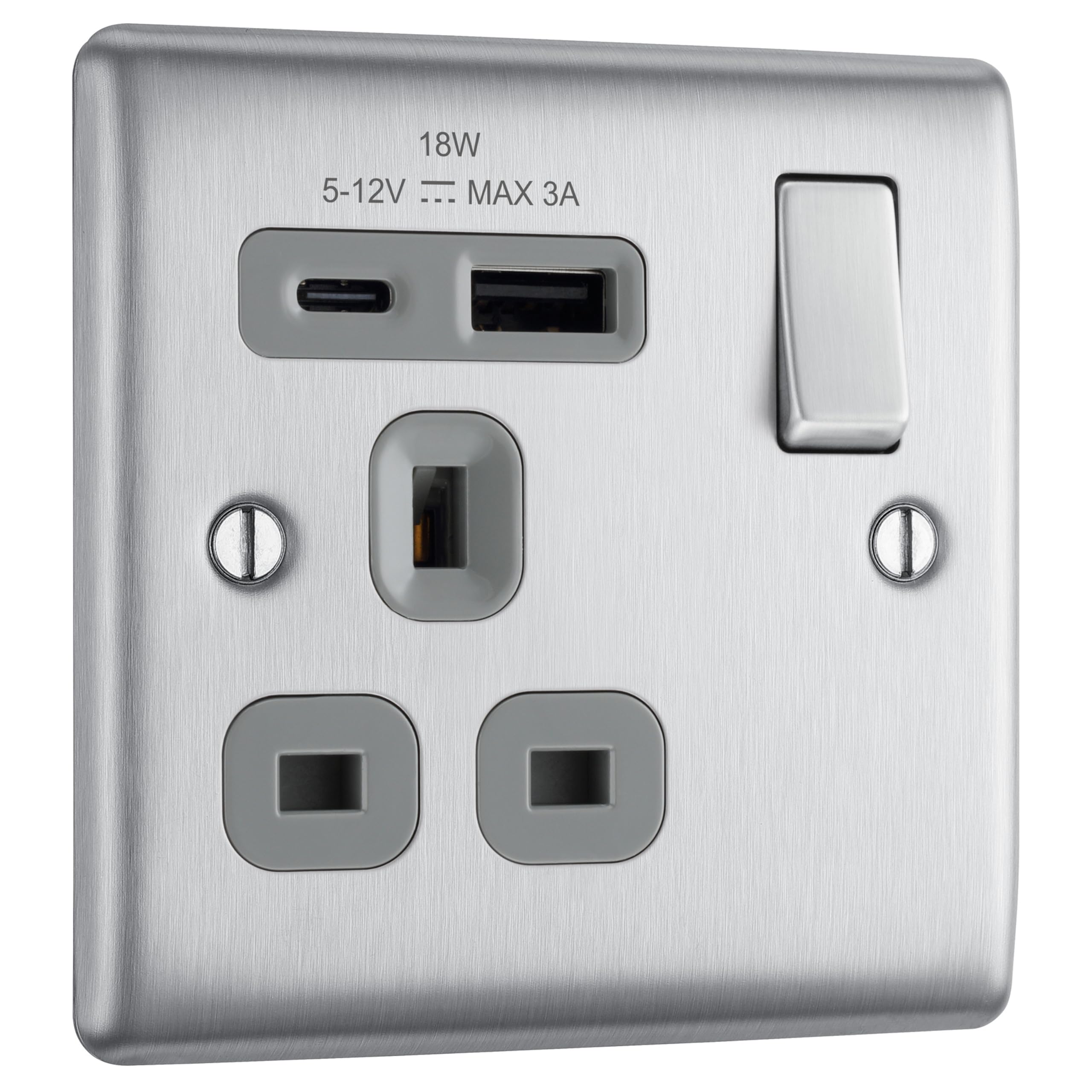 BG Electrical 18W Single Switched Power Plug Wall Socket with Type A USB and Type C USB Charging Ports, Fast Charge, Round Edges, Nexus Metal, Brushed