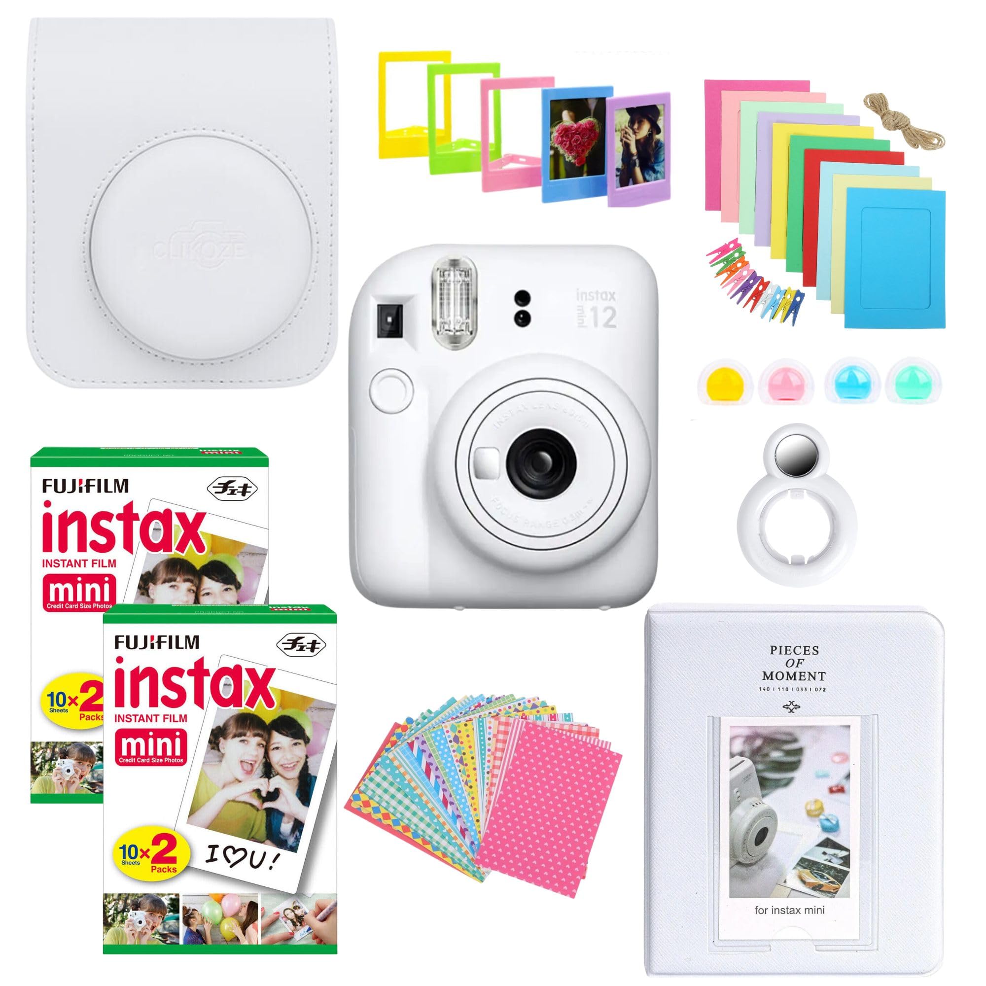 Clikoze Instant Camera Bundle with Fujifilm Mini 12 Clay White Camera, Fujifilm 40 Shot Mini Film, Clikoze Mini 12 Case, Mini Album Book, Film