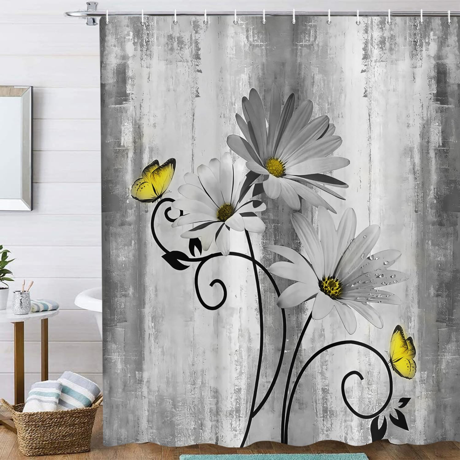 ASDCXZ Rustic Farmhouse Shower Curtain 180x200 cm, Vintage Farm Gray Daisy Flowers Butterfly Waterproof Bath Curtain Polyester Textile Washable Shower