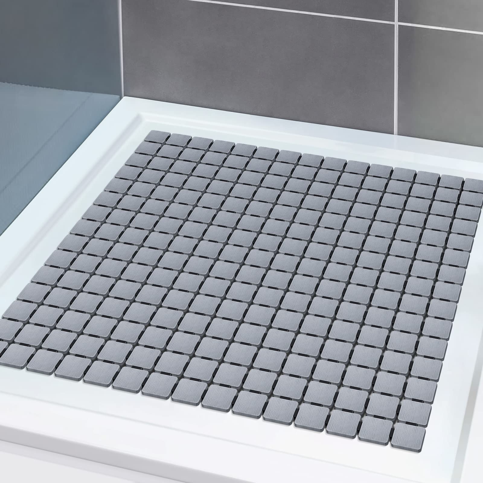 Shower Mat Square Non Slip Bath Mat DIY Cut Safety Bathroom Mat for Bathroom Accessory with Strong Suction Cups on the Bottom 54?54 CM (Grey)