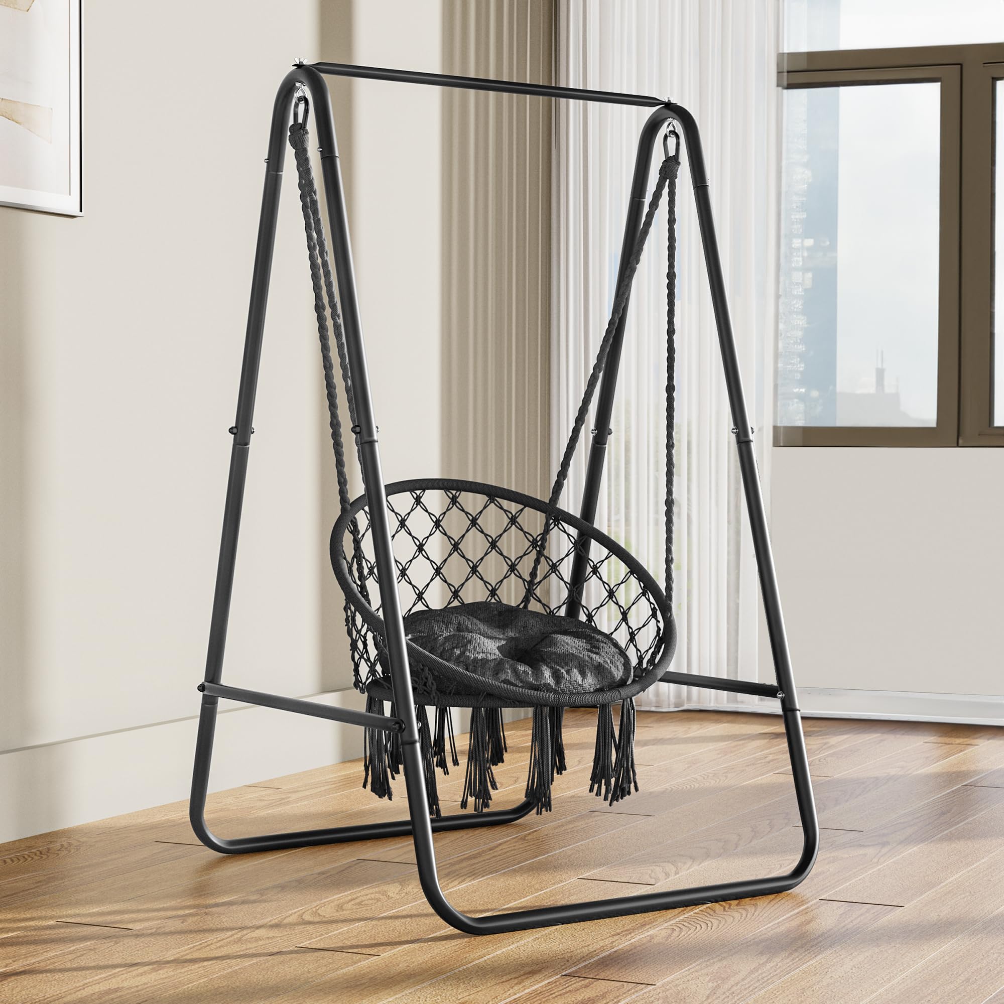 YITAHOME Hanging Chair with Stand, 85x92x153cm Hammock Swing Chair with Cushion, Heavy-Duty Steel Hammock Stand with 100kg Capacity for Living Room,
