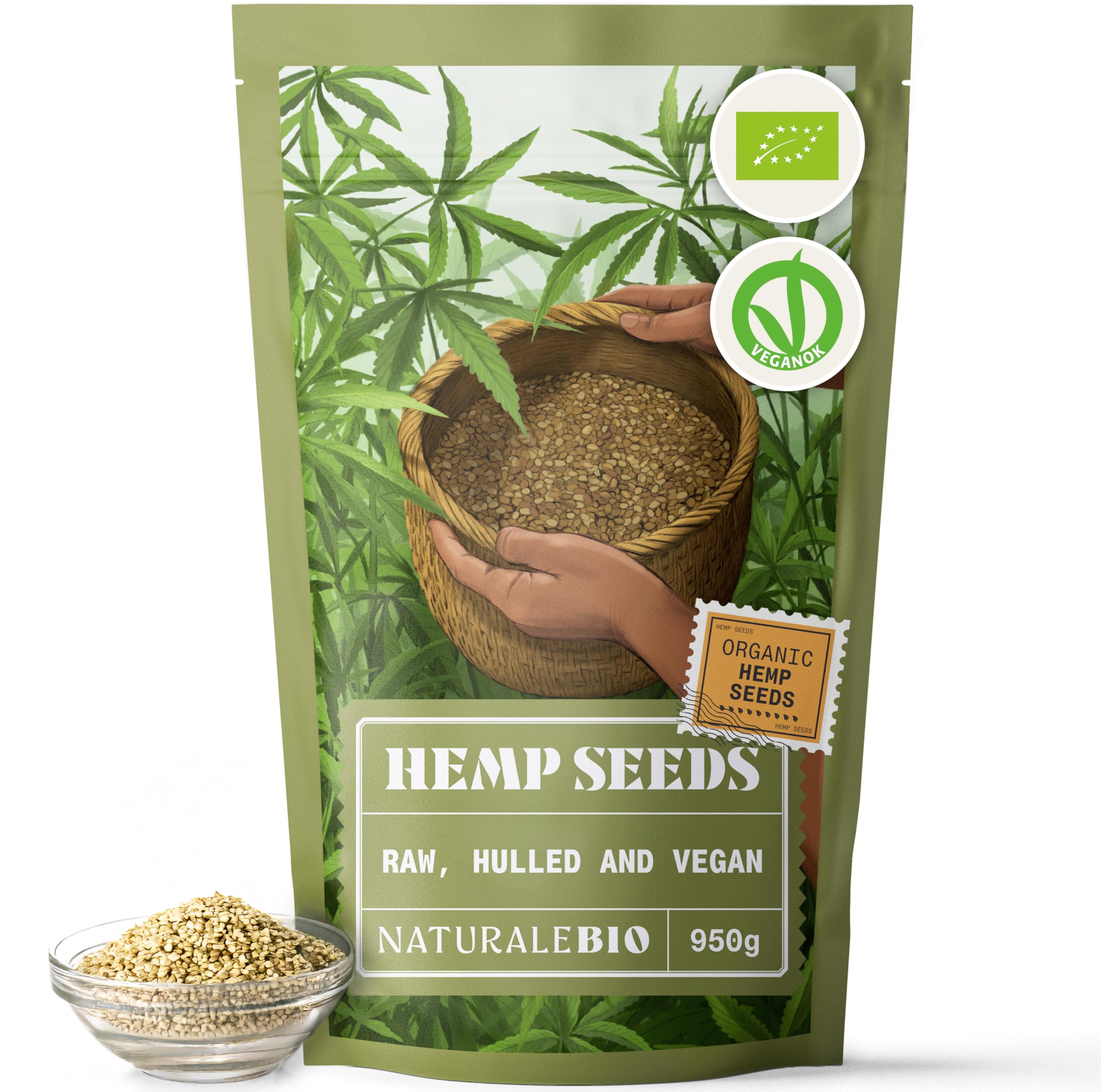 NaturaleBio Hemp Seeds 950g. Organic, Vegan, Non GMO. Plant-Based Protein, high in Omega 3 and 6. Supports Muscle Mass and Healthy Bones, aids Heart