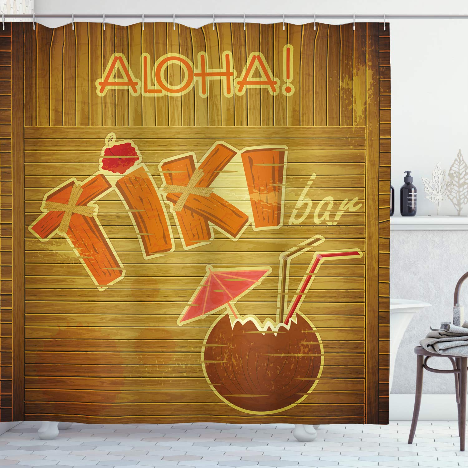 ABAKUHAUS Tiki Bar Shower Curtain, Wooden Planks on Wall Styled Text Cocktail Hibiscus Aloha, Cloth Fabric Bathroom Decor Set with Hooks, 175 x 200