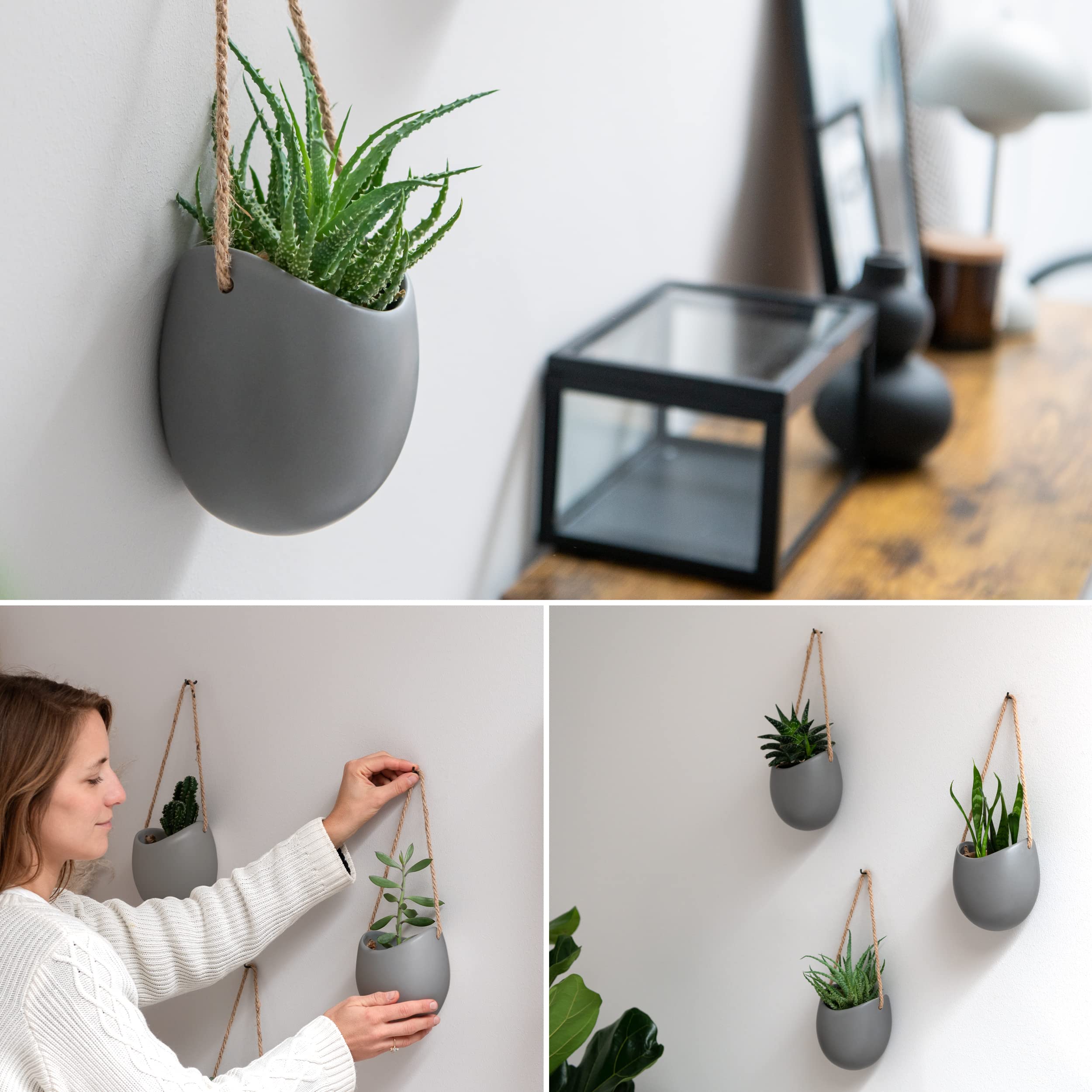 Kazai. Wall Planters -Ellie- | Hanging Ceramic Plant Pots, 3 Pieces, for Succulents and more | Wall Decoration for Indoors, Balcony and Garden | Grey