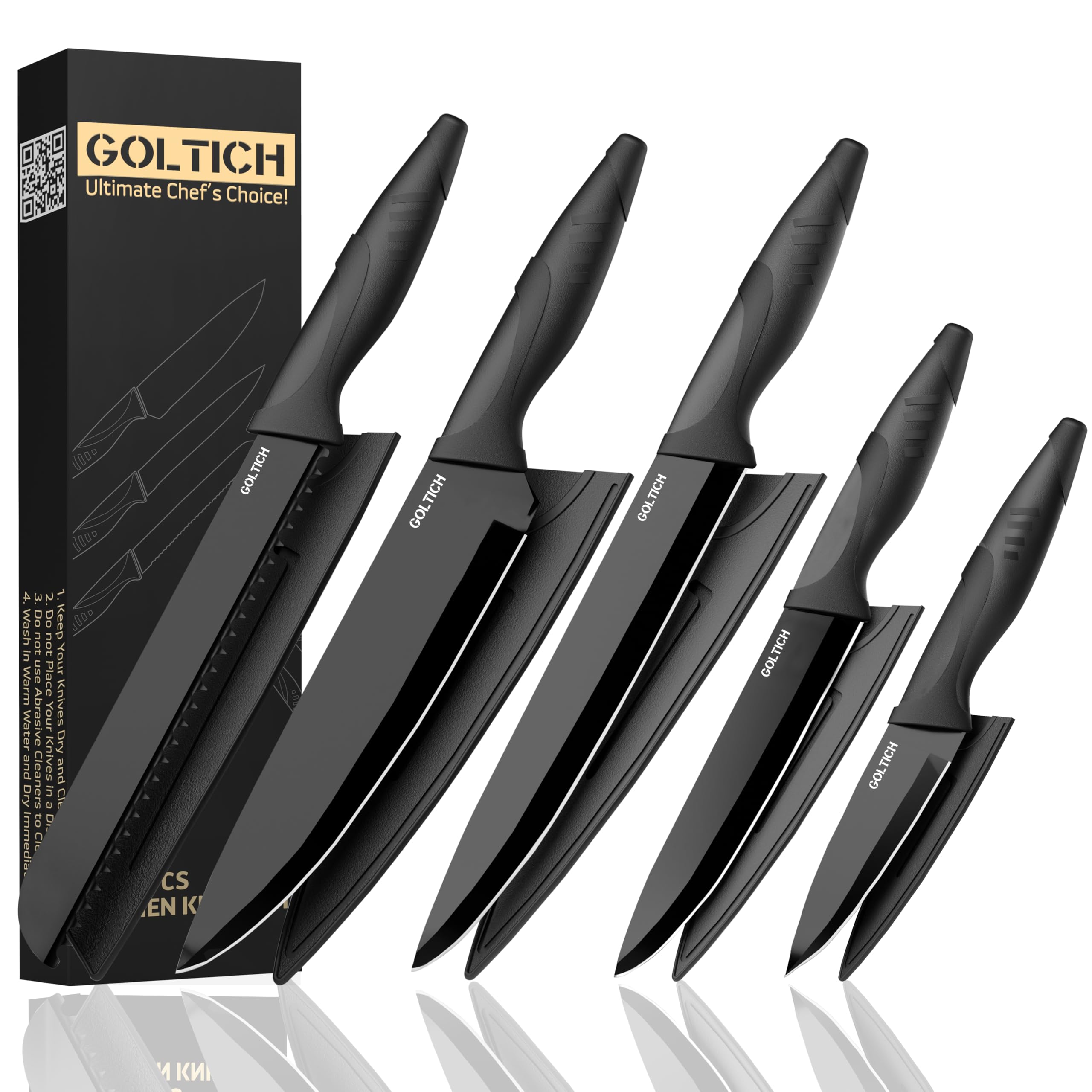 GOLTICH 5 PCs Black Kitchen Knife Sets with Sheath - Premium Stainless Steel Kitchen Knives Set with Easy Grip Handle - Ultra Sharp Knife Set Includes