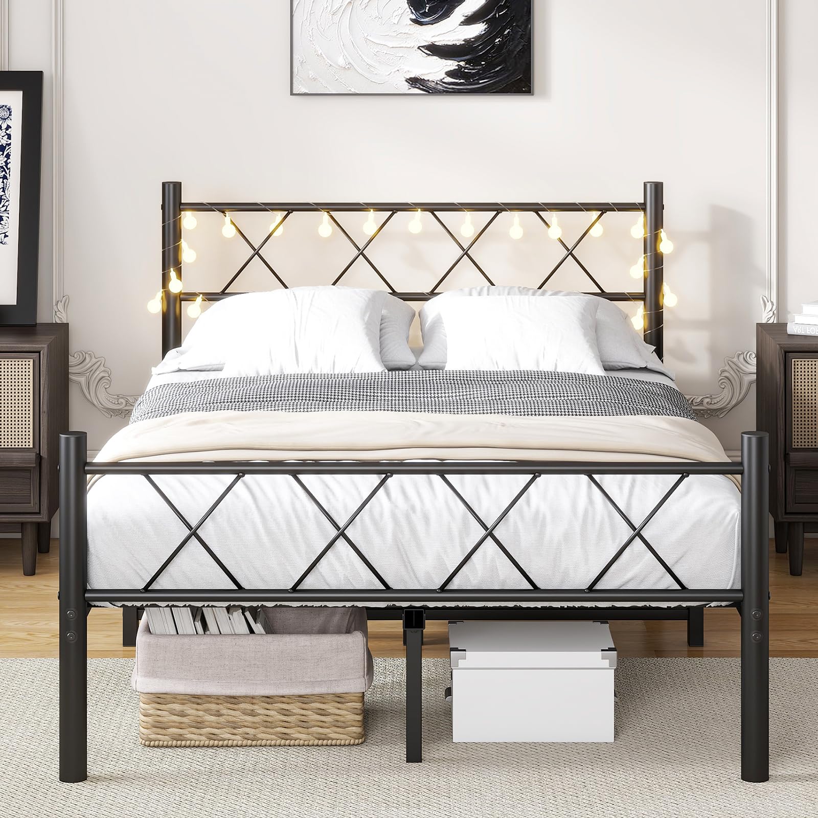HOJINLINERO Double Bed Frame with Headboard & LED lights,4ft6 Metal Bed Frame Double Bed Mattress Base/Underbed Storage,No Box Spring Needed,Heavy