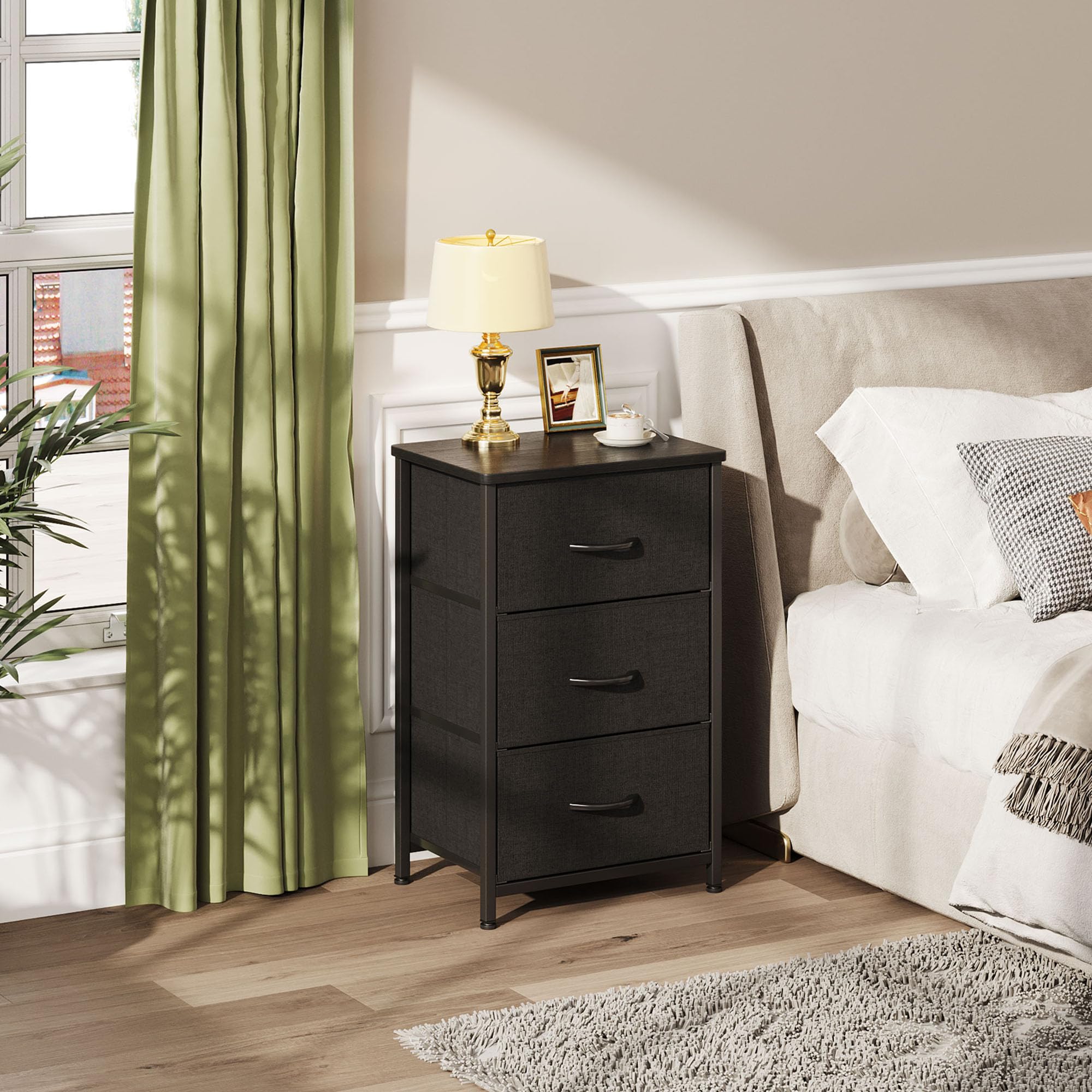CAIYUN Nightstand with 3 Drawers for Bedroom, Storage Dresser with Fabric Drawers and Metal Frame for Closet, Living Room, Bedside Table with Wood