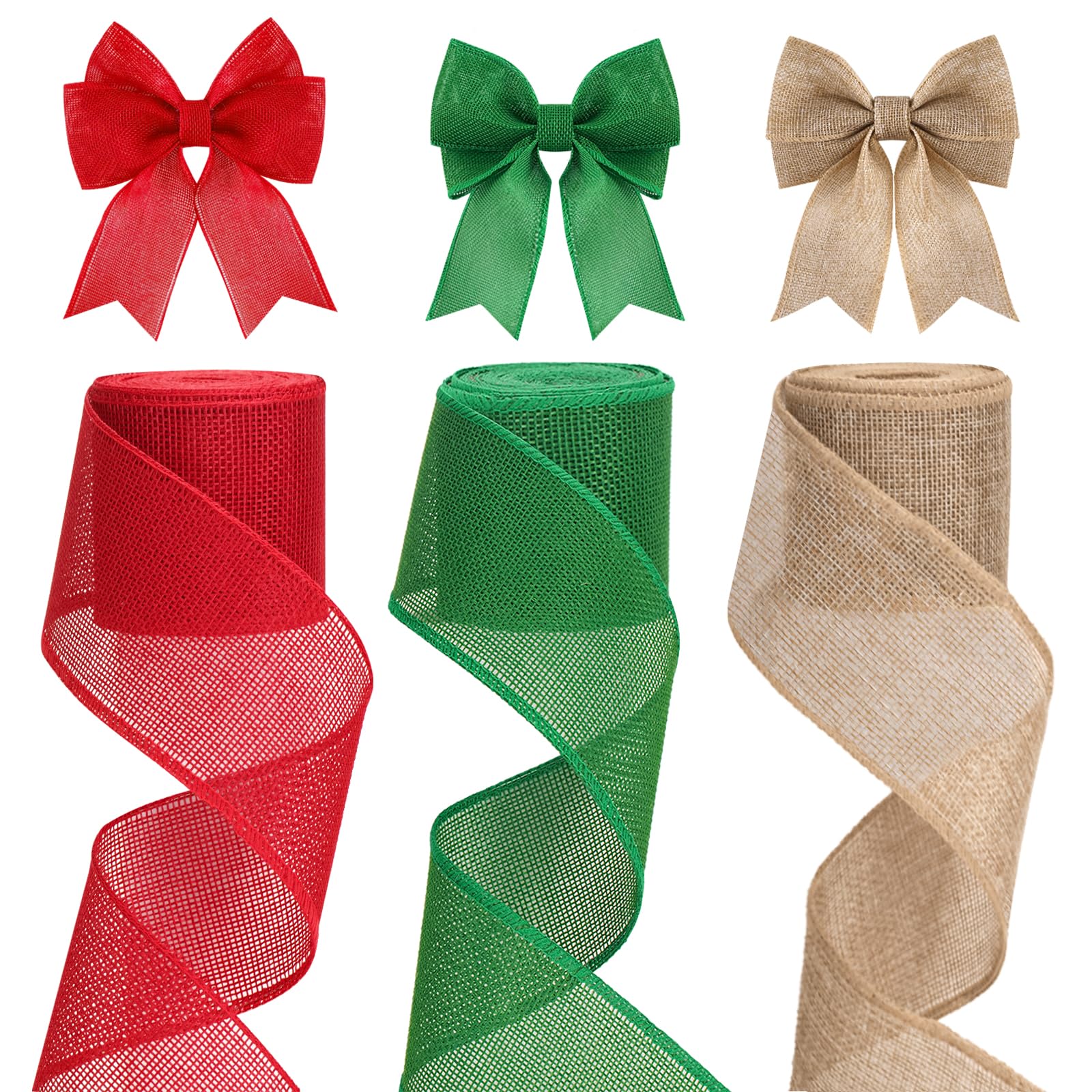 KINGLAKE 3 Rolls x 6 Yards Christmas Wired Ribbon for Wreath Bows Making, 2.5 Inch Red Green Brown Burlap Wide Hessian Ribbon for Gift Wrapping Xmas