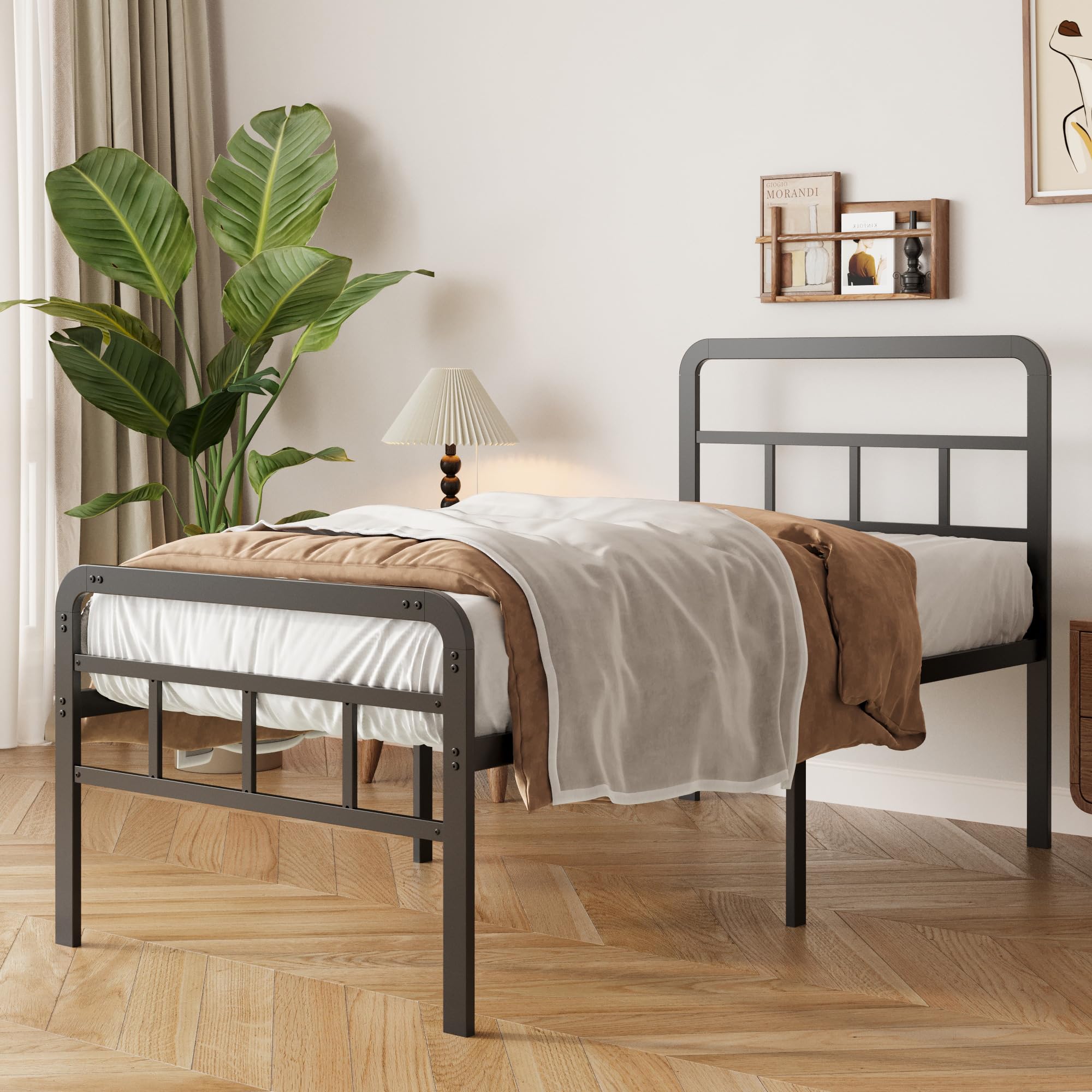 Yicensen Single Bed Frame with Curved Headboard and Footboard 90x200 cm, 46 cm Height Metal Bed Frame with Heavy Duty Slat Support, Underbed Storage