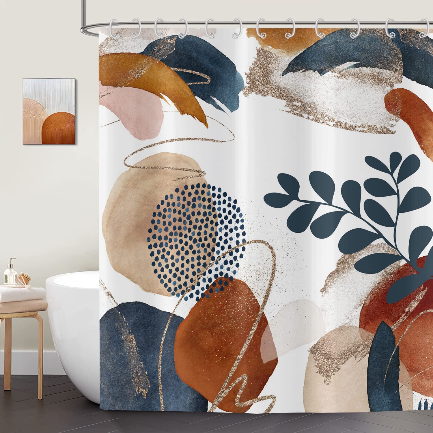 ASDCXZ Boho Shower Curtain 150x180 cm, Modern Abstract Art Dark Blue Leaves Brown Beige Graffiti Bath Washable Shower Curtain Polyester Textile