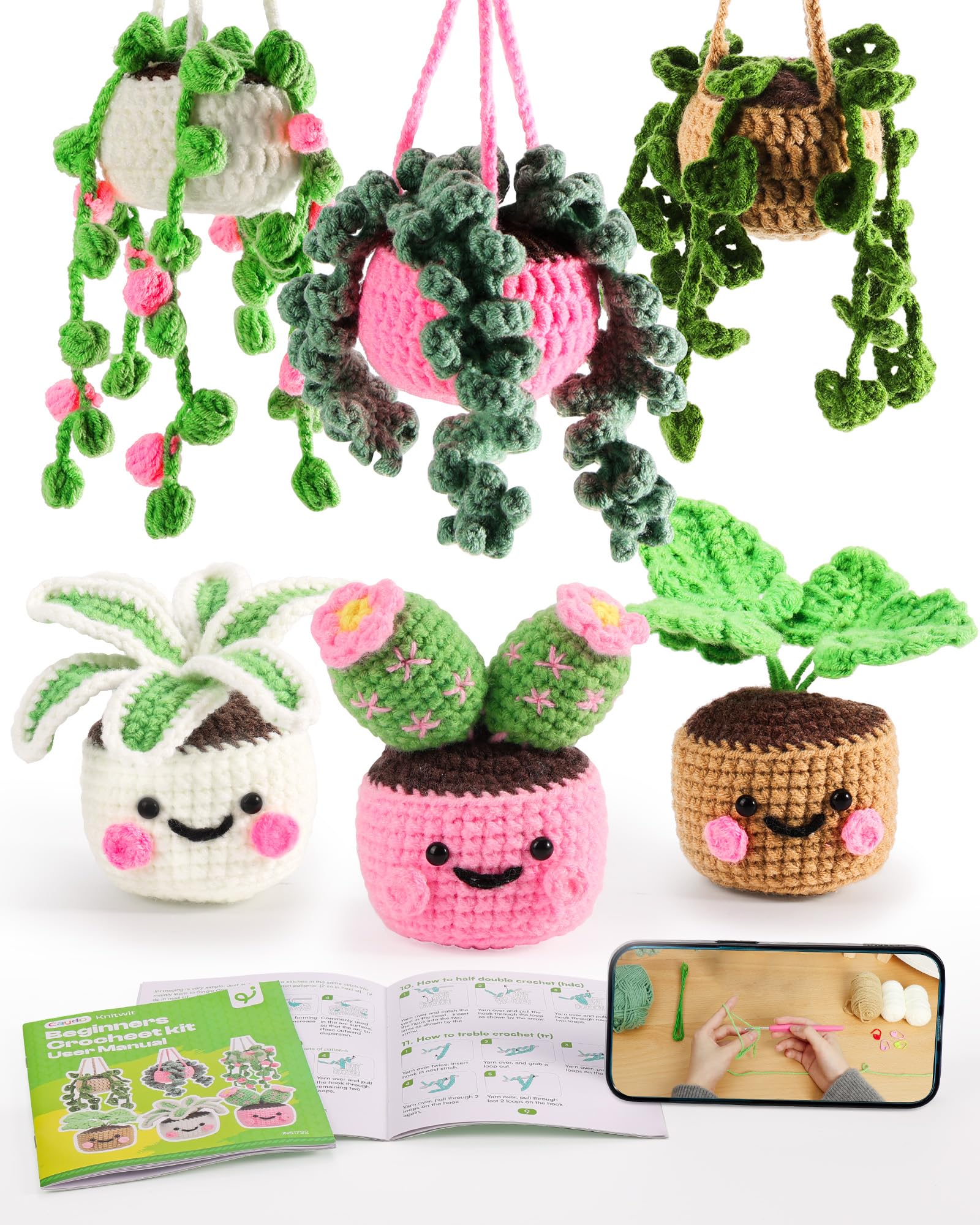 Caydo Crochet Kit for Beginners with Step-by-Step Video Tutorials, Crochet Starter Kits for Adults, Potted Hanging Plants Craft Kit with Yarn Sets for