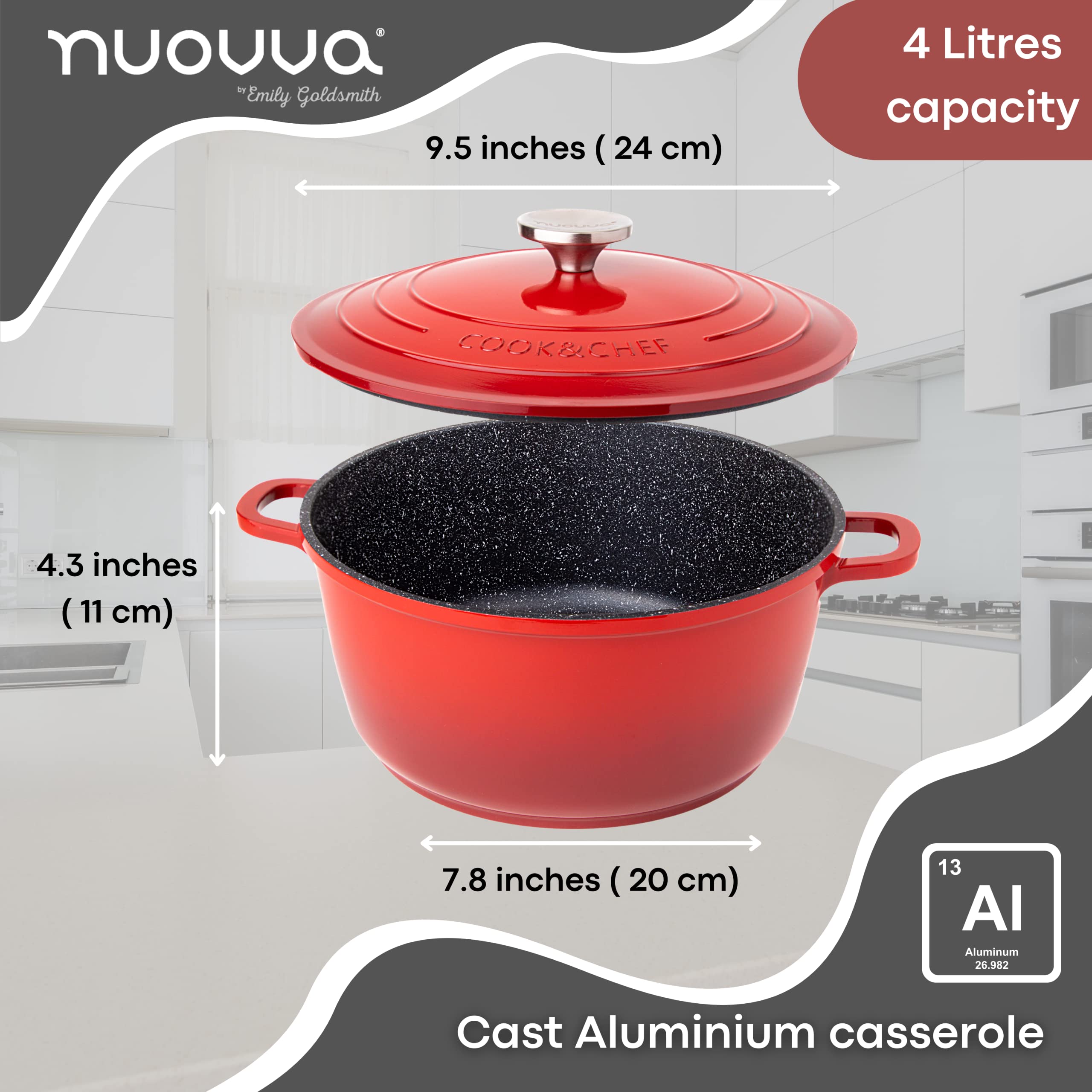 Non-Stick Aluminium Pot with Lid  Sturdy Deep Dutch Oven  Casserole Pot with Ergonomic Handles  4L, 24cm, Red  Oven Safe Cooking Pot  by Nuovva