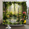 Kzzfqxb 165x180cm Shower Curtains with Plastic Hooks, Lush Green Wonder Flowers Forest Lotus in Pond Oil Painting Occluded for Bathtub, Refreshing