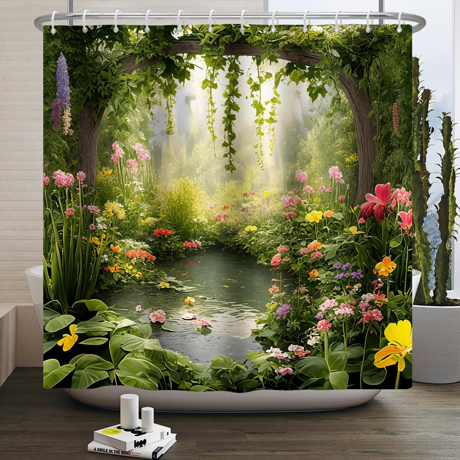 Kzzfqxb 165x180cm Shower Curtains with Plastic Hooks, Lush Green Wonder Flowers Forest Lotus in Pond Oil Painting Occluded for Bathtub, Refreshing